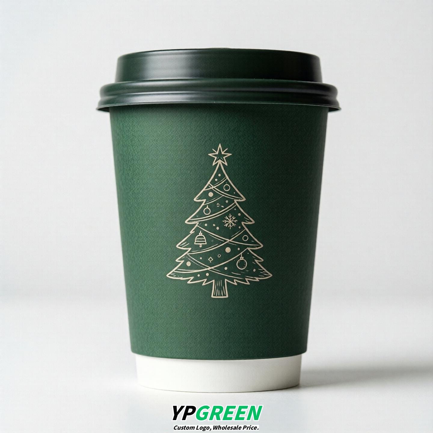 Forest Green Paper Cups with Christmas Design 8-24oz