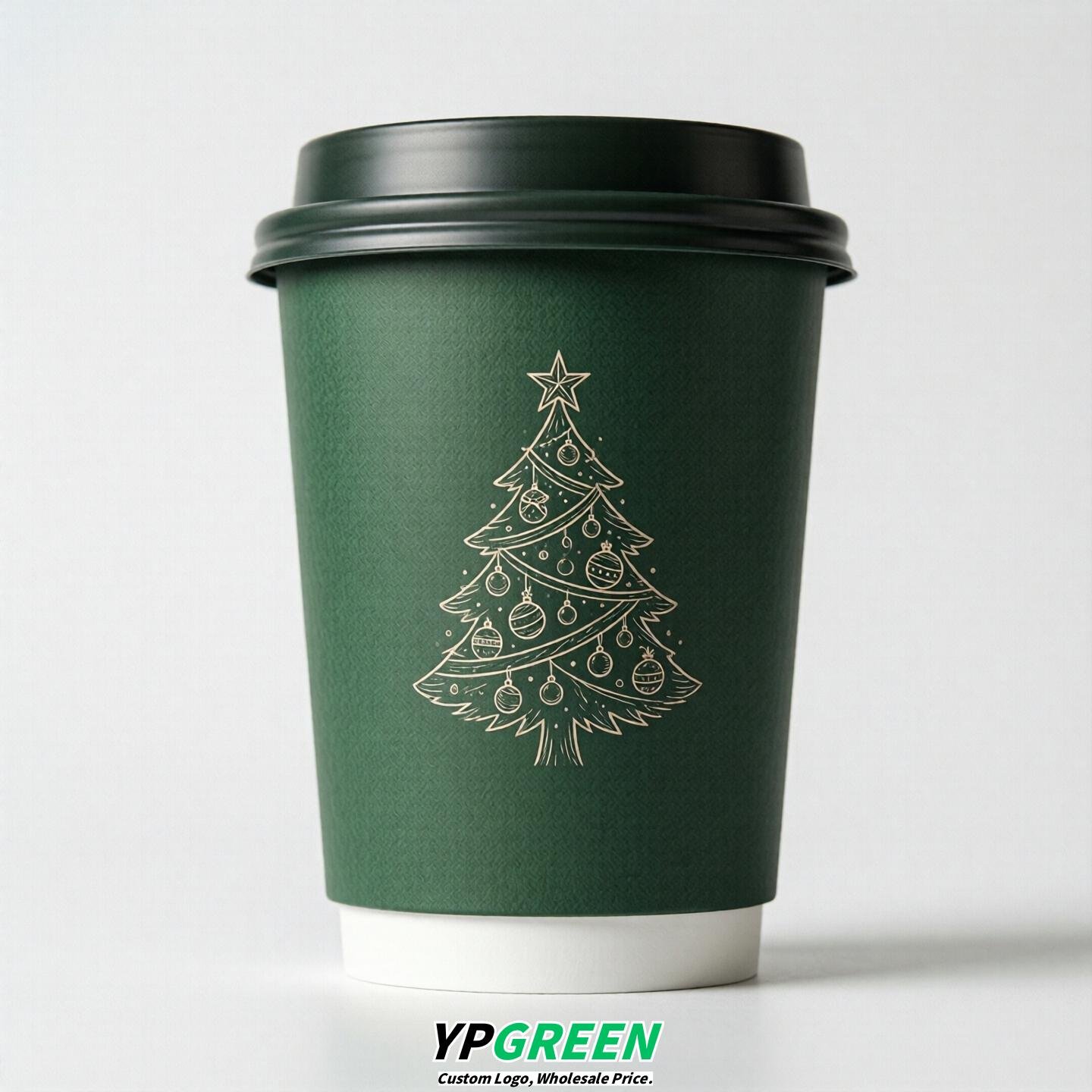 Forest Green Paper Cups with Christmas Design 8-24oz