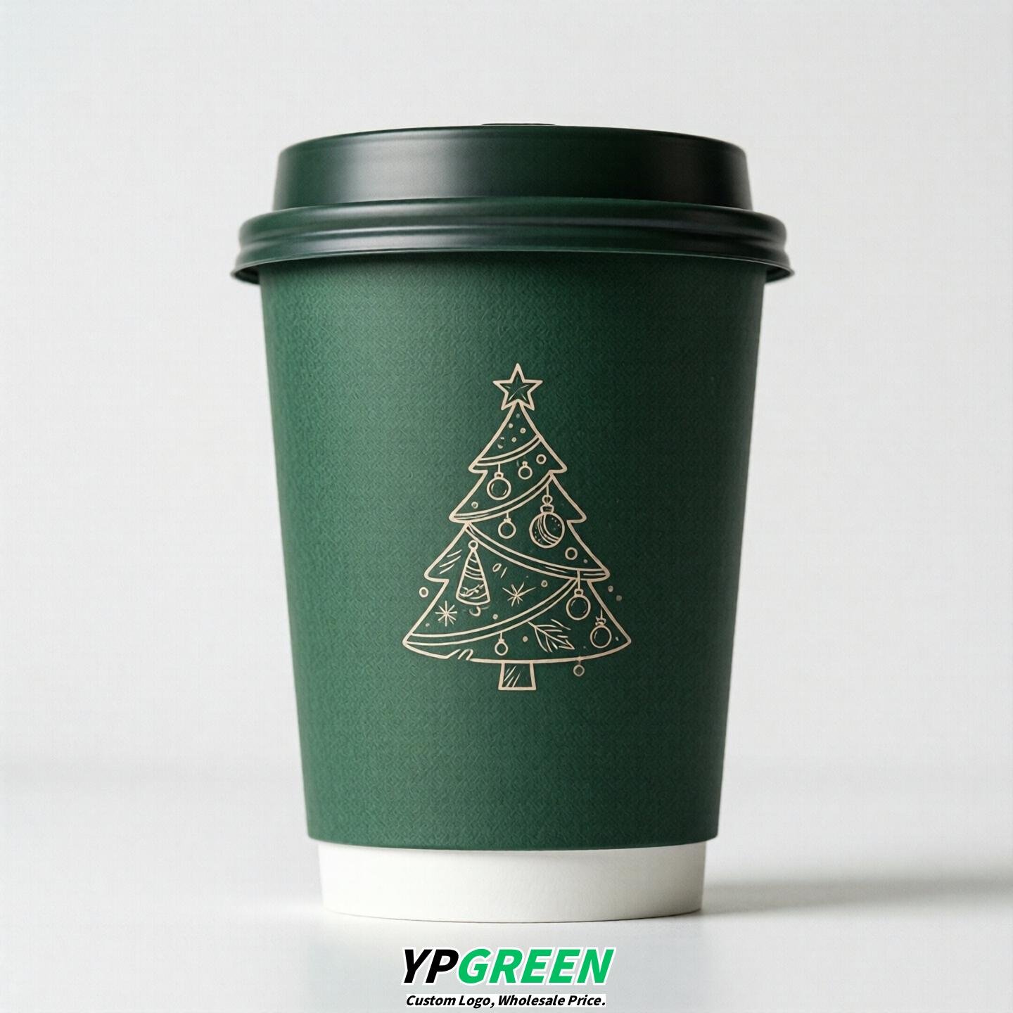 Forest Green Paper Cups with Christmas Design 8-24oz