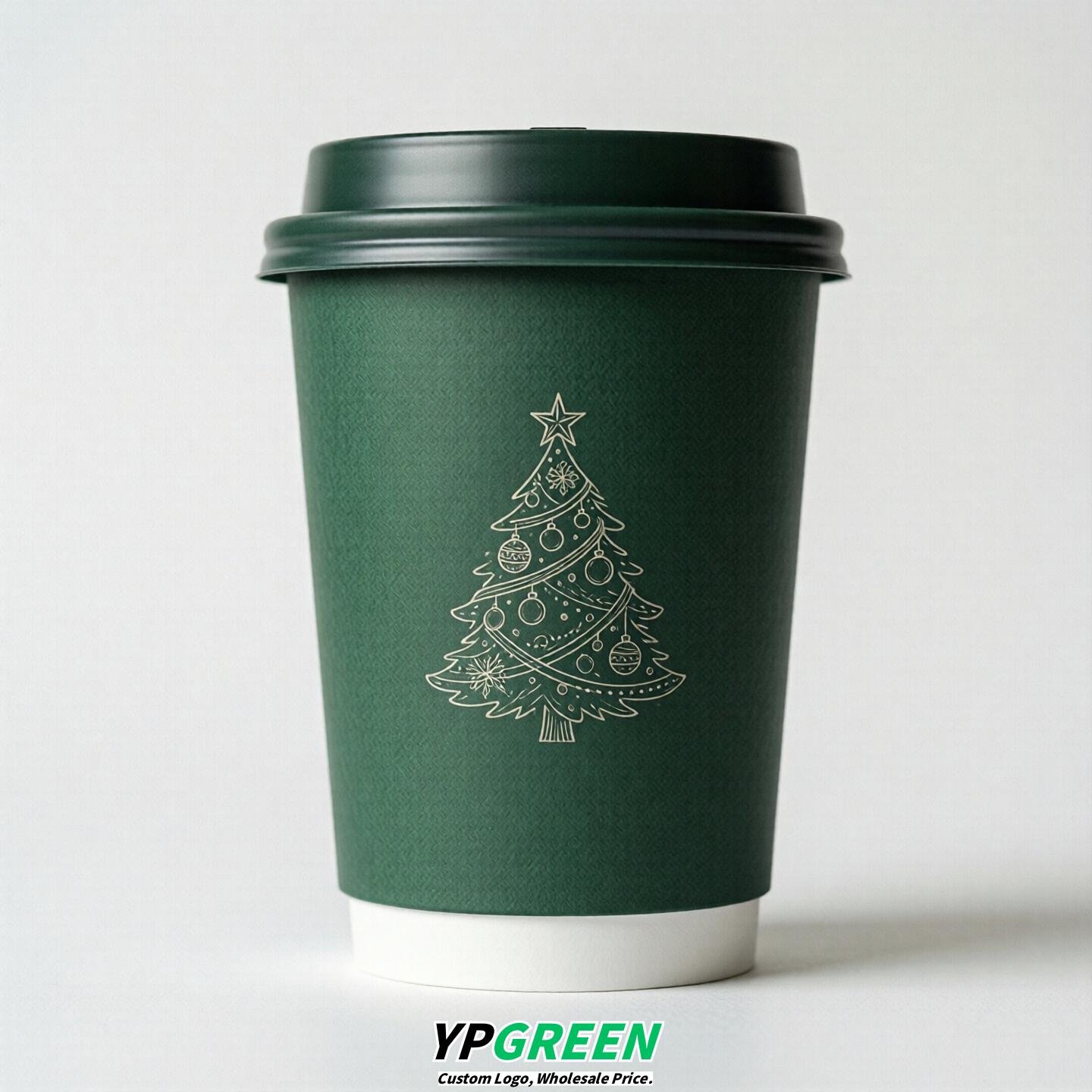 Forest Green Paper Cups with Christmas Design 8-24oz