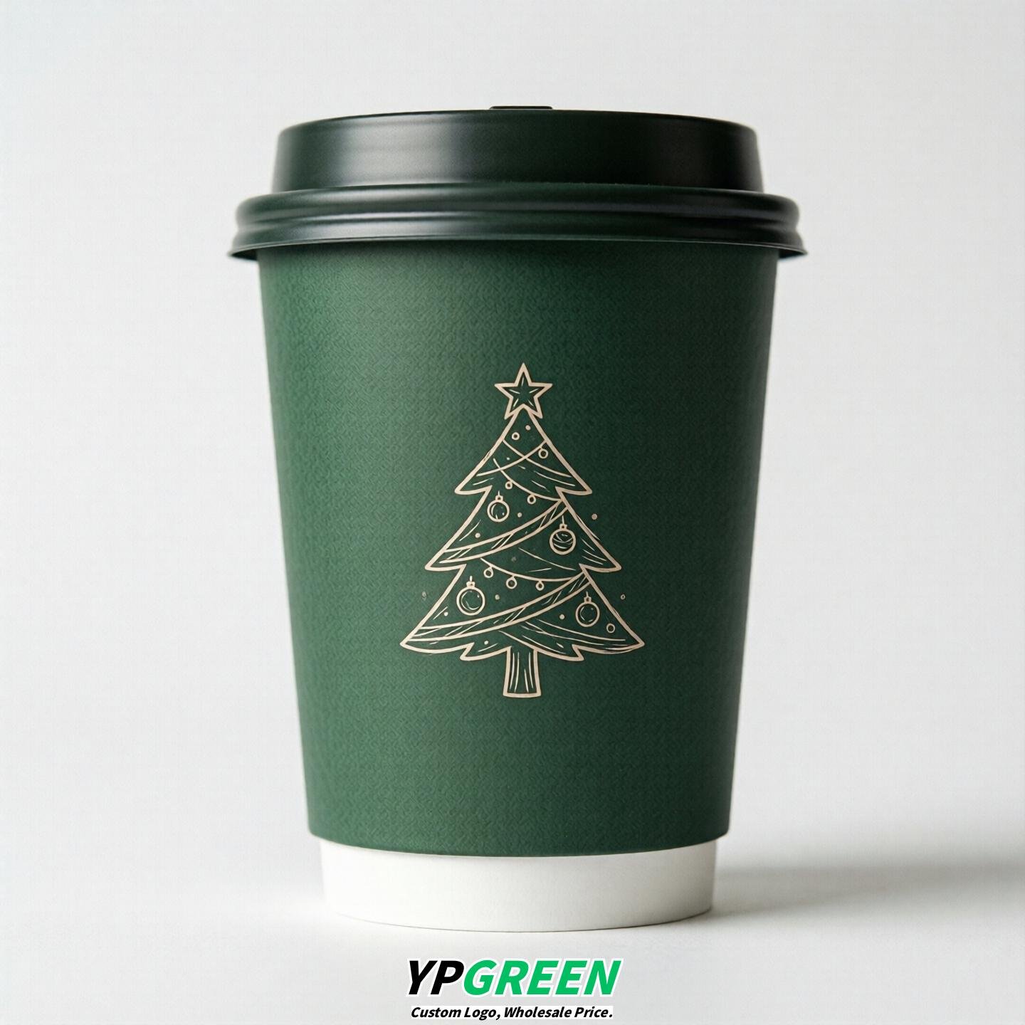 Forest Green Paper Cups with Christmas Design 8-24oz