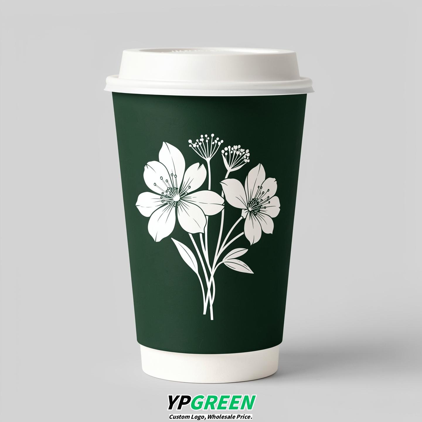 Forest Green Floral Paper Cups with Lids 8-24oz