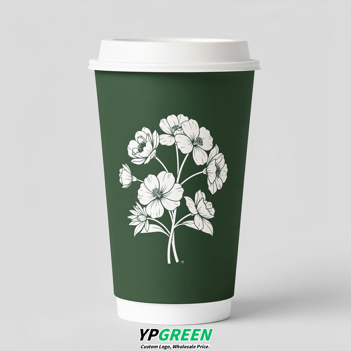 Forest Green Floral Paper Cups with Lids 8-24oz