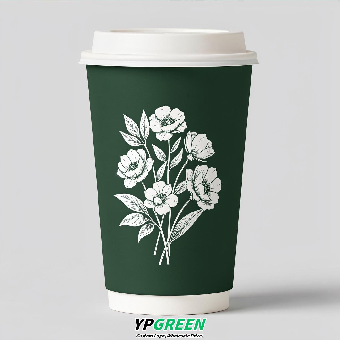 Forest Green Floral Paper Cups with Lids 8-24oz