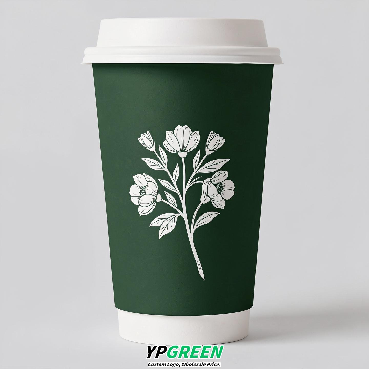 Forest Green Floral Paper Cups with Lids 8-24oz