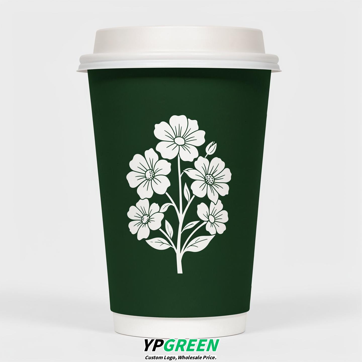 Forest Green Floral Paper Cups with Lids 8-24oz