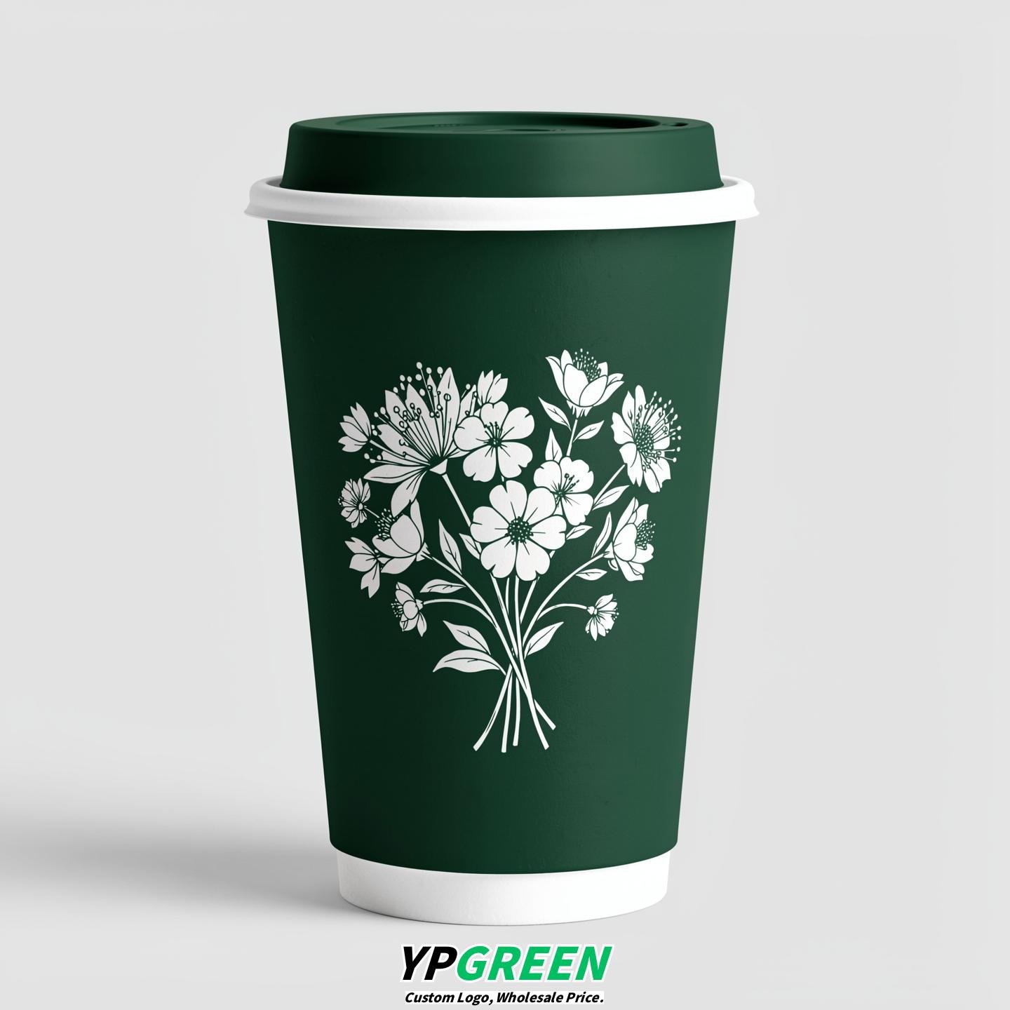 Forest Green Floral Paper Cups with Lids 8-24oz