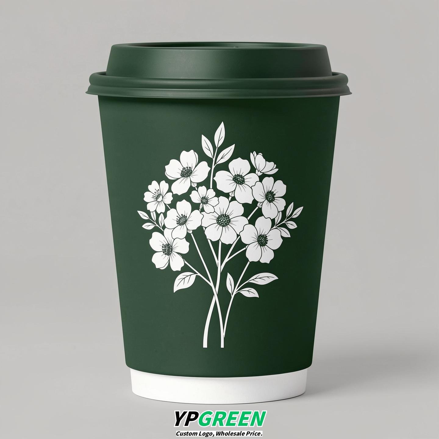 Forest Green Floral Paper Cups with Lids 8-24oz
