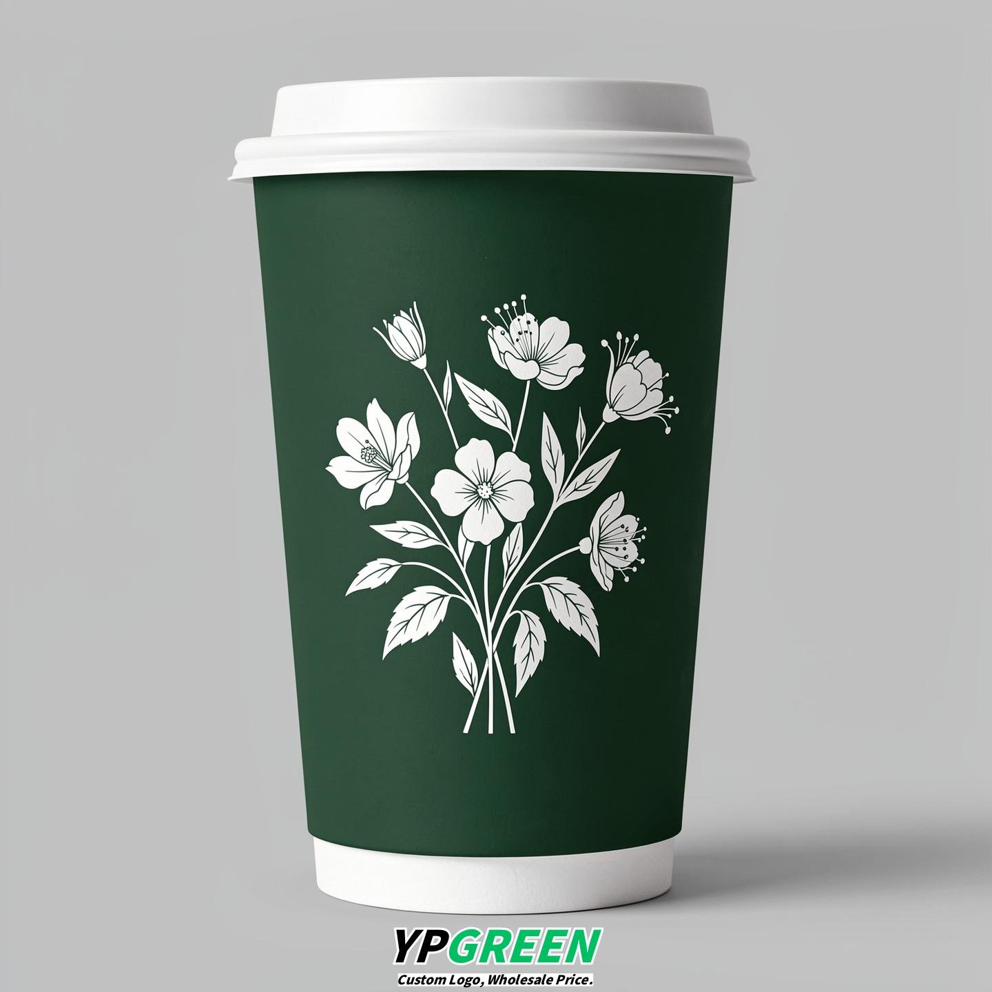 Forest Green Floral Paper Cups with Lids 8-24oz