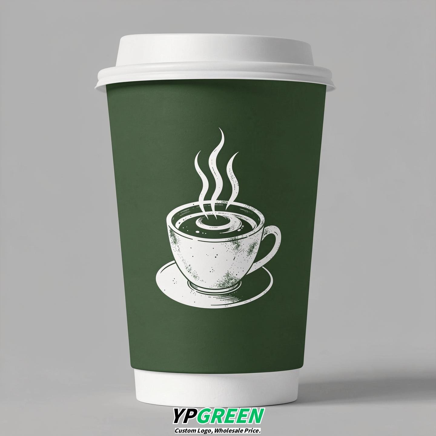 Forest Green Hot Coffee Icon Paper Cups - Disposable Steaming Coffee Design