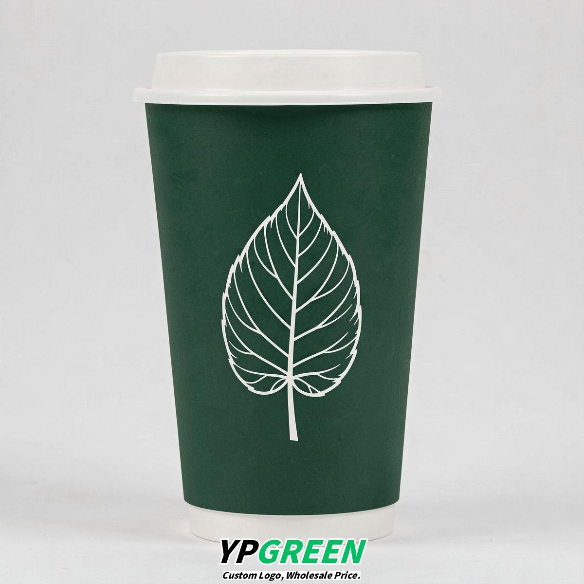 Forest Green Leaves Paper Cups with Lids 8-24oz