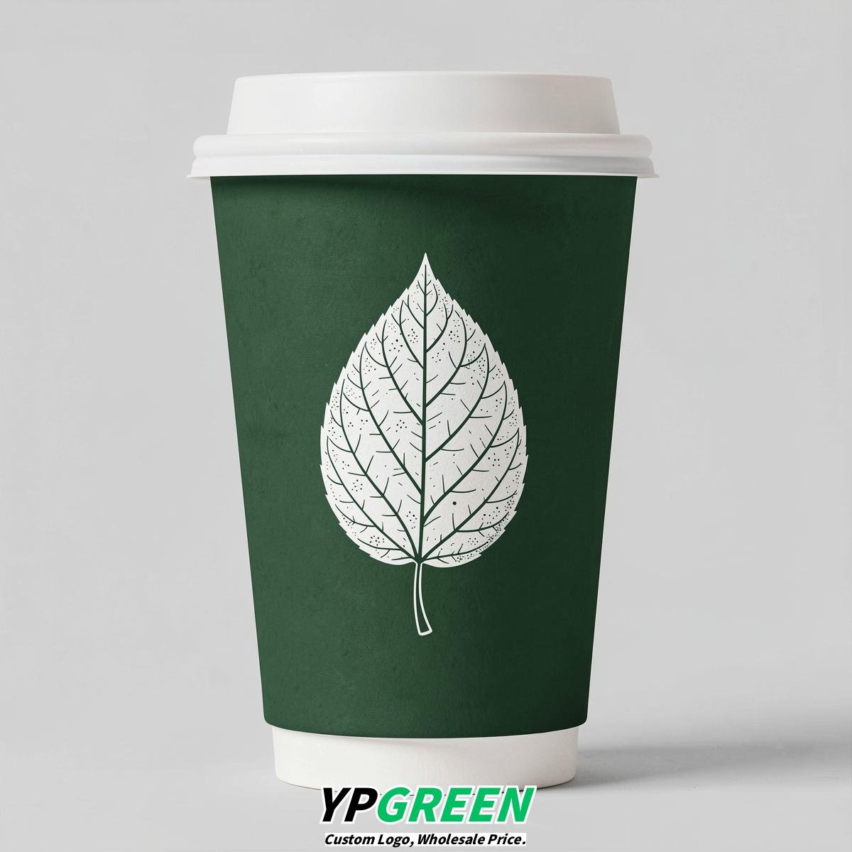 Forest Green Leaves Paper Cups with Lids 8-24oz