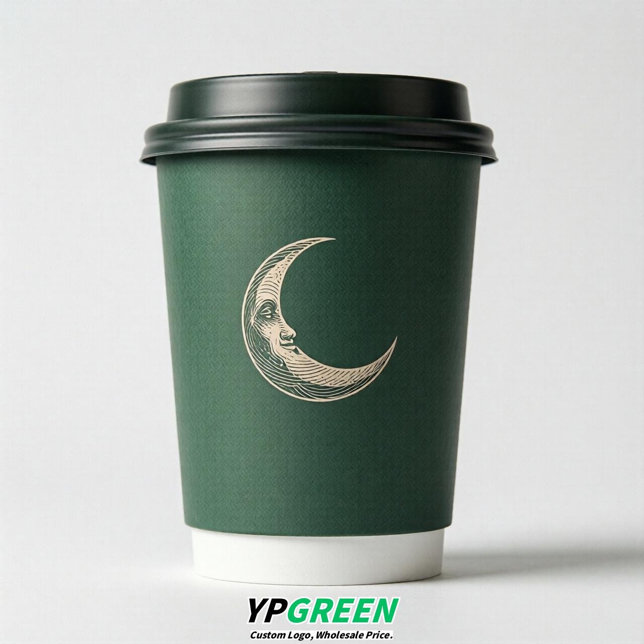 Forest Green Moon Paper Cups with Lids 8-24oz