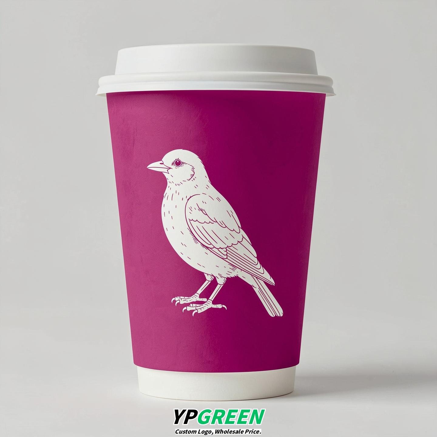 Fuchsia Paper Cups with Bird Logo & Lids 8-24oz