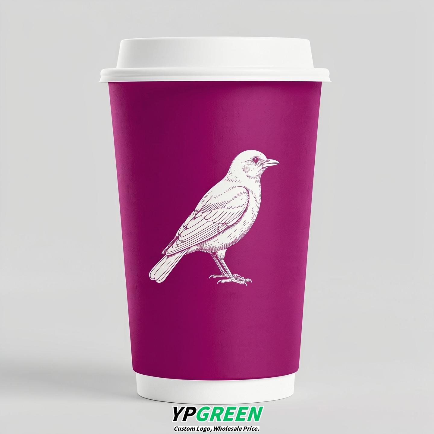 Fuchsia Paper Cups with Bird Logo & Lids 8-24oz