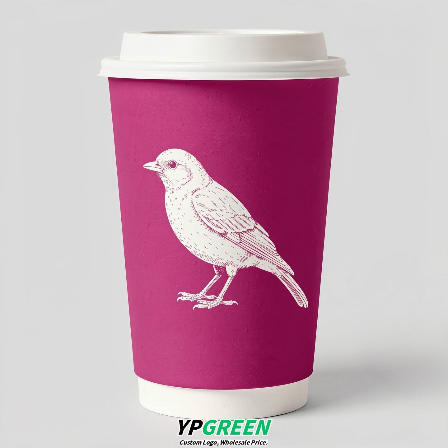 Fuchsia Paper Cups with Bird Logo & Lids 8-24oz