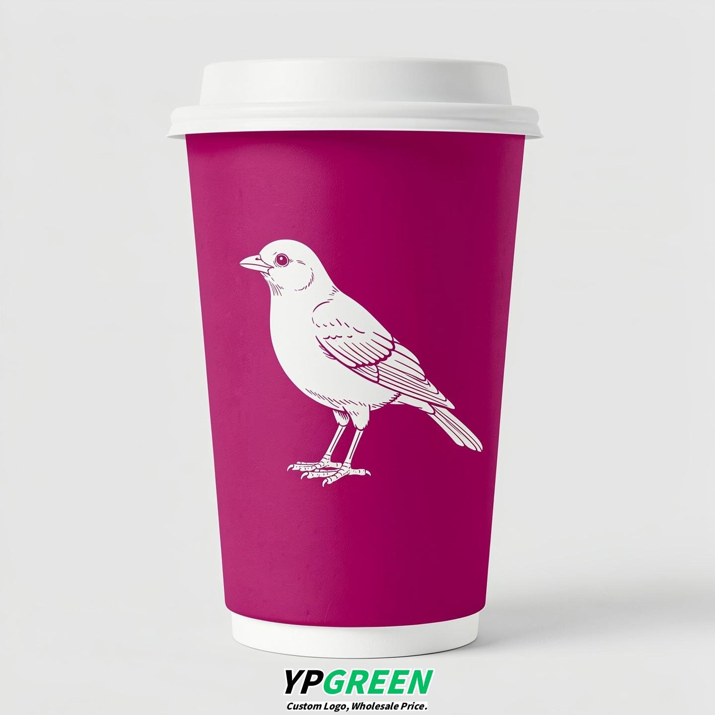 Fuchsia Paper Cups with Bird Logo & Lids 8-24oz