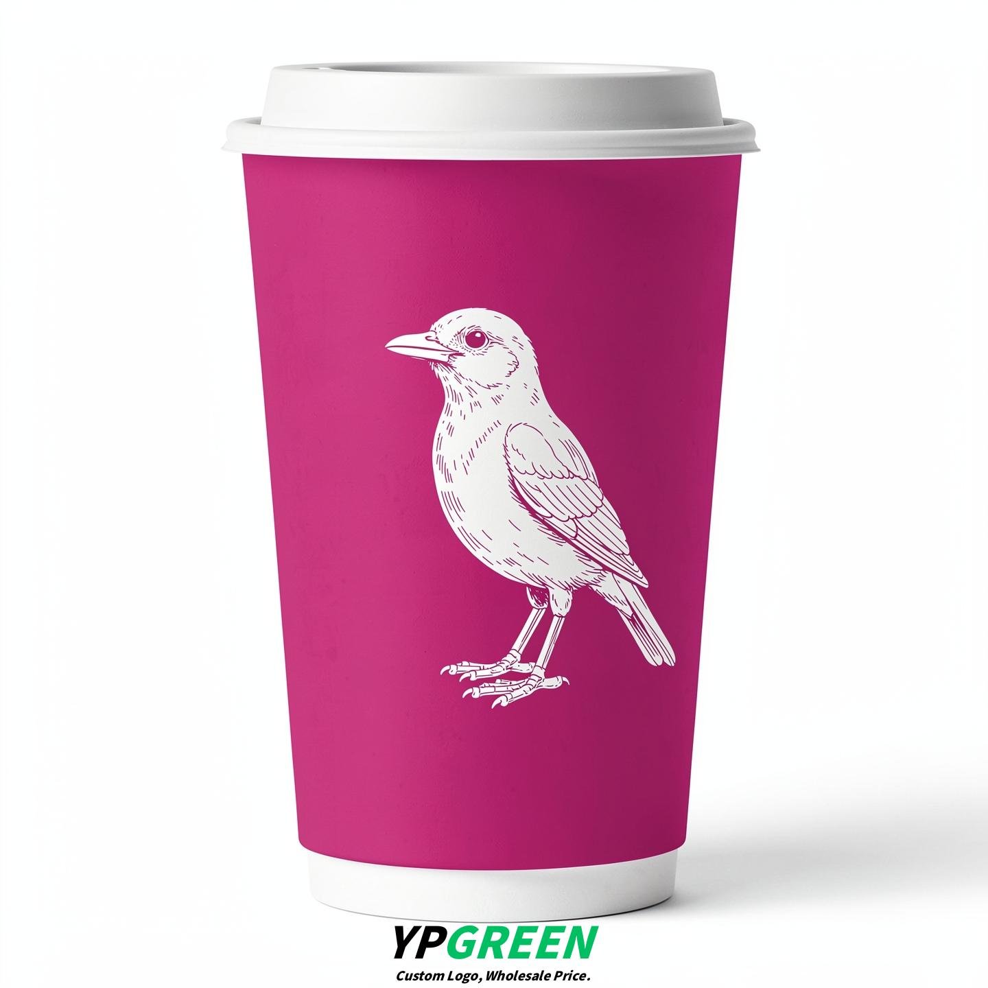 Fuchsia Paper Cups with Bird Logo & Lids 8-24oz