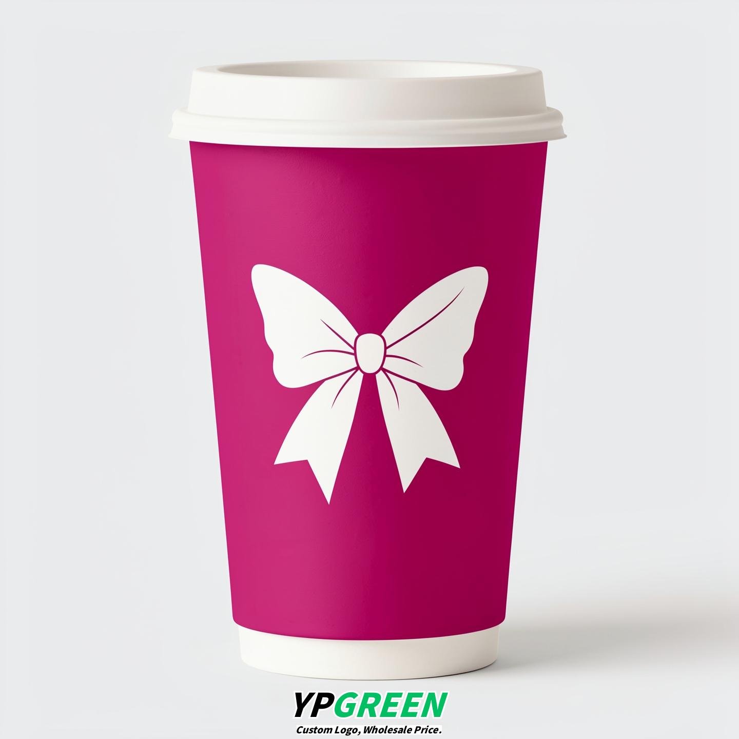 Fuchsia Paper Cups with Bow Logo & Lids 8-24oz
