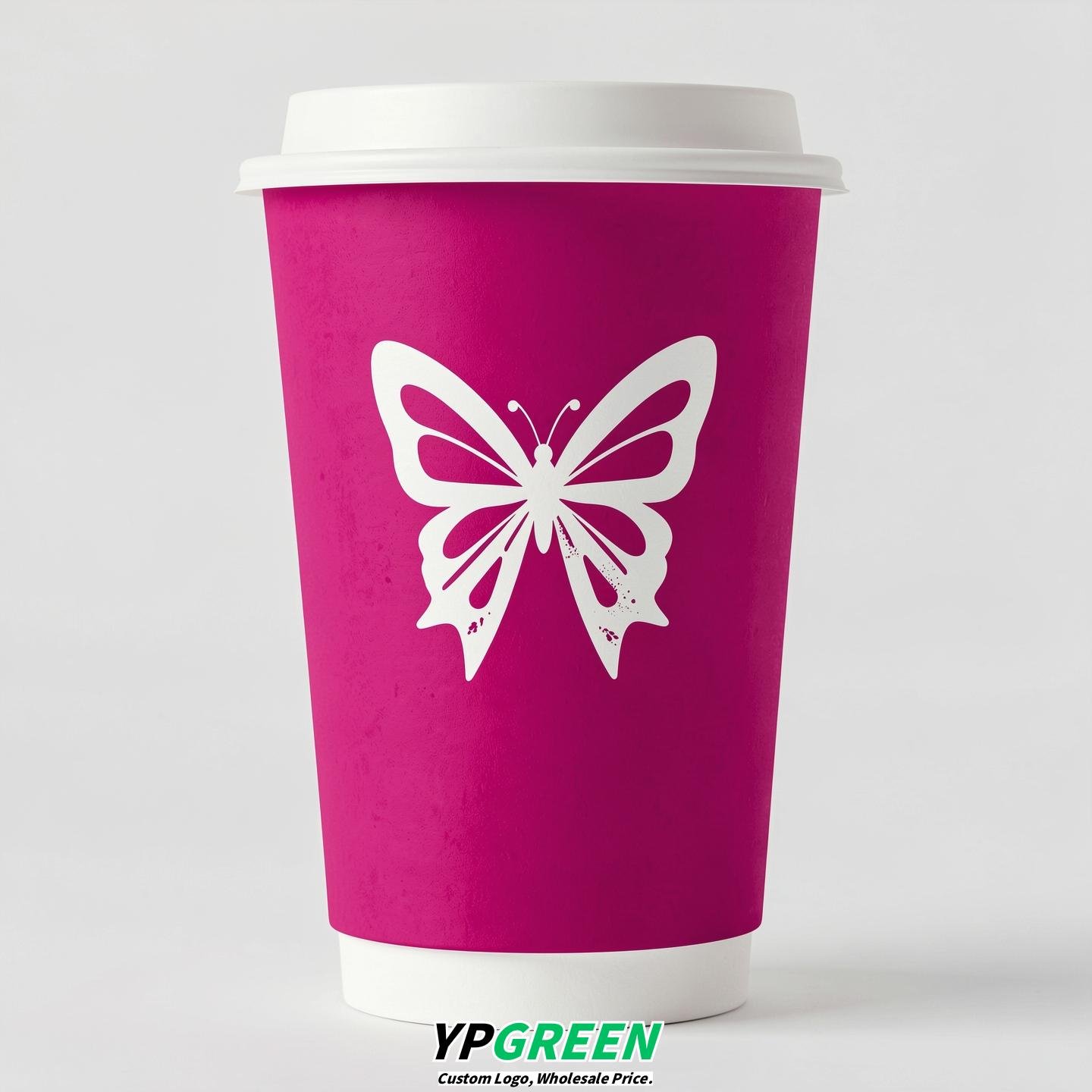 Fuchsia Paper Cups with Bow Logo & Lids 8-24oz Fuchsia Paper Cups with Bow Logo & Lids 8-24oz