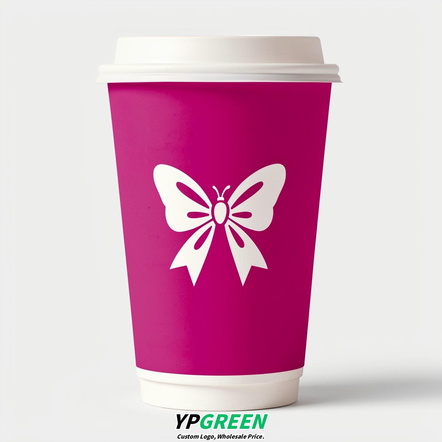 Fuchsia Paper Cups with Bow Logo & Lids 8-24oz