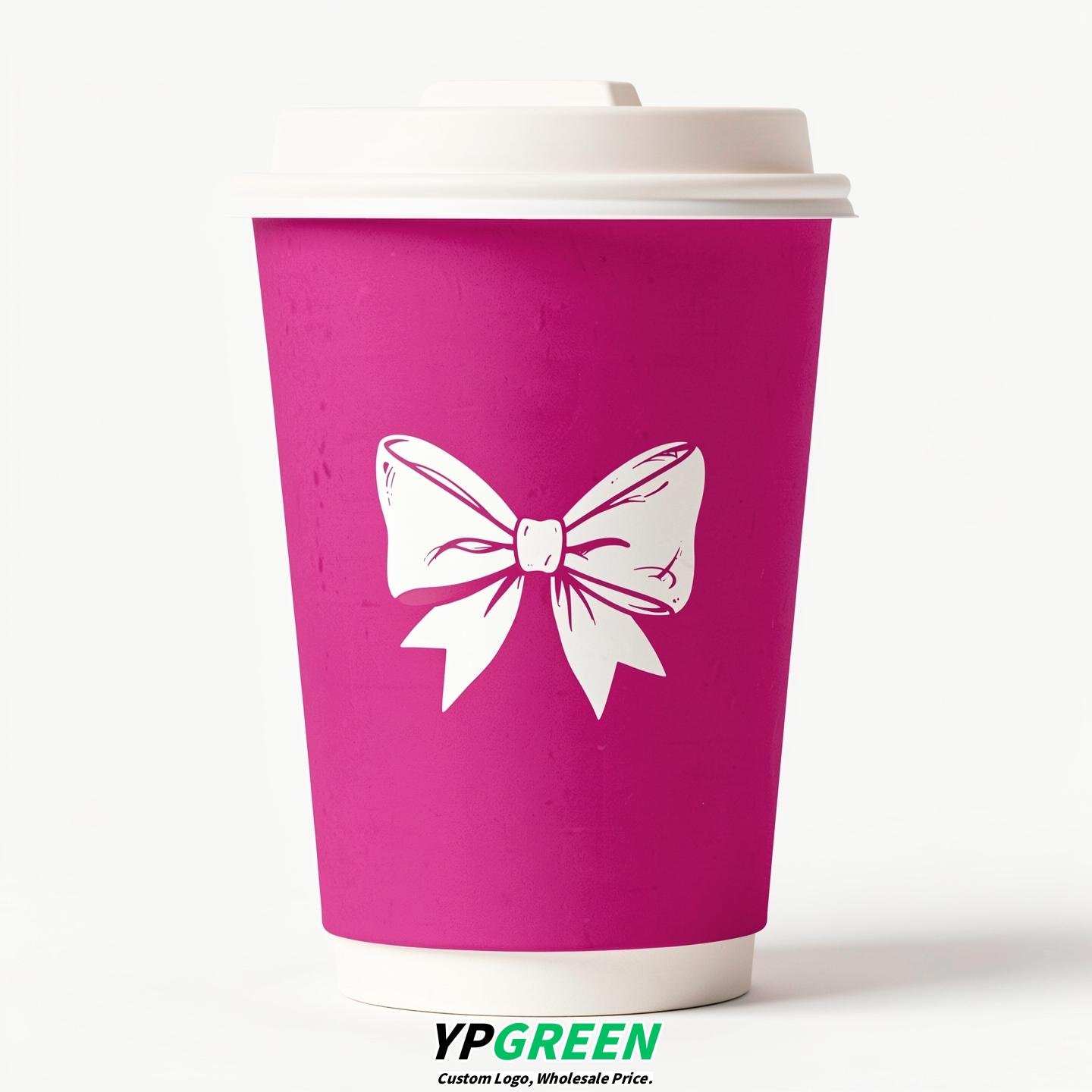 Fuchsia Paper Cups with Bow Logo & Lids 8-24oz