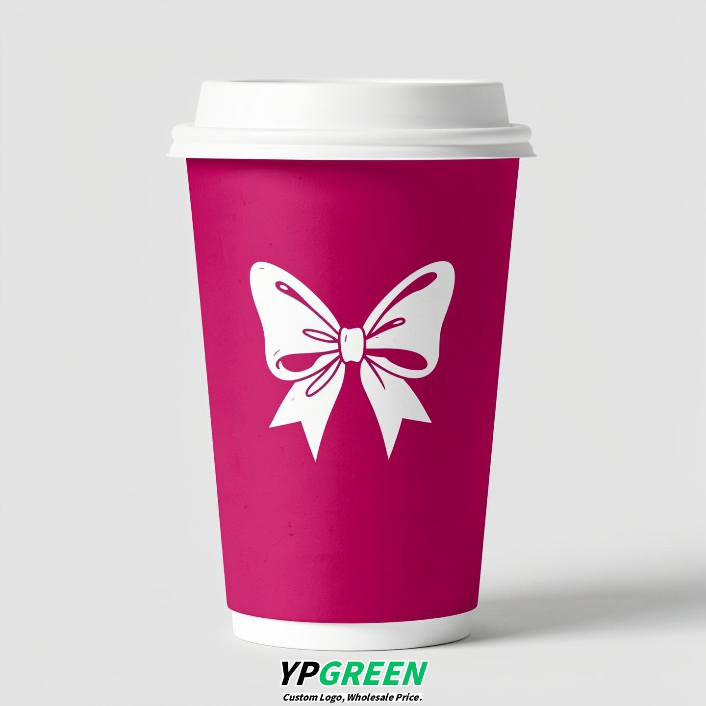 Fuchsia Paper Cups with Bow Logo & Lids 8-24oz