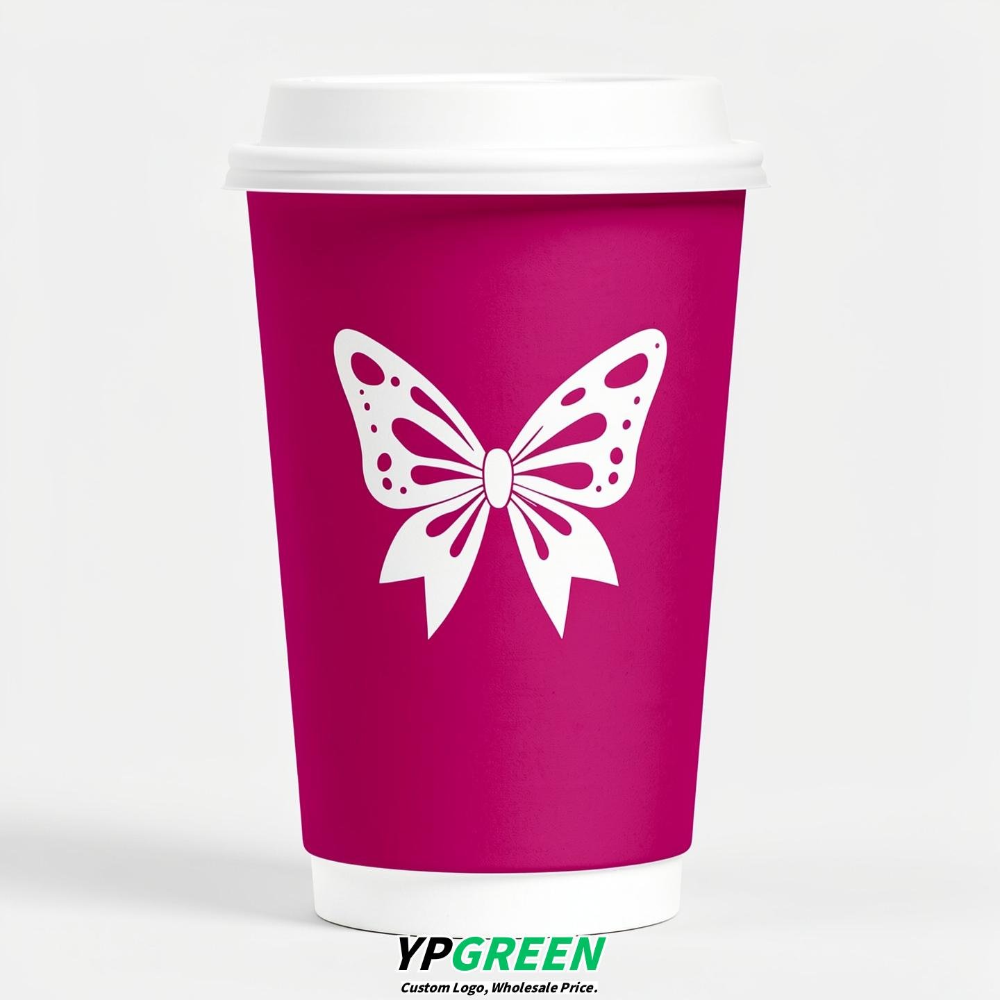 Fuchsia Paper Cups with Bow Logo & Lids 8-24oz