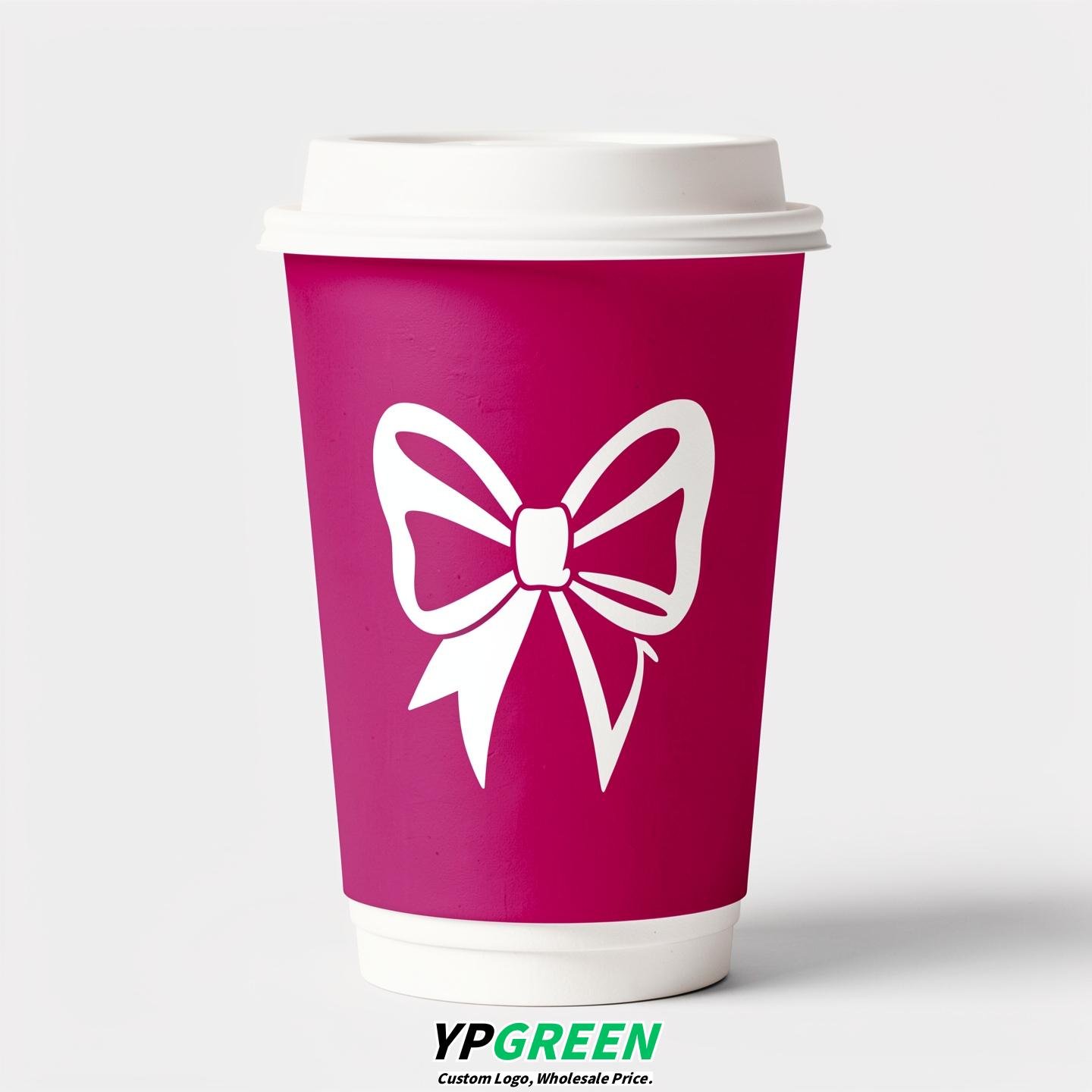 Fuchsia Paper Cups with Bow Logo & Lids 8-24oz