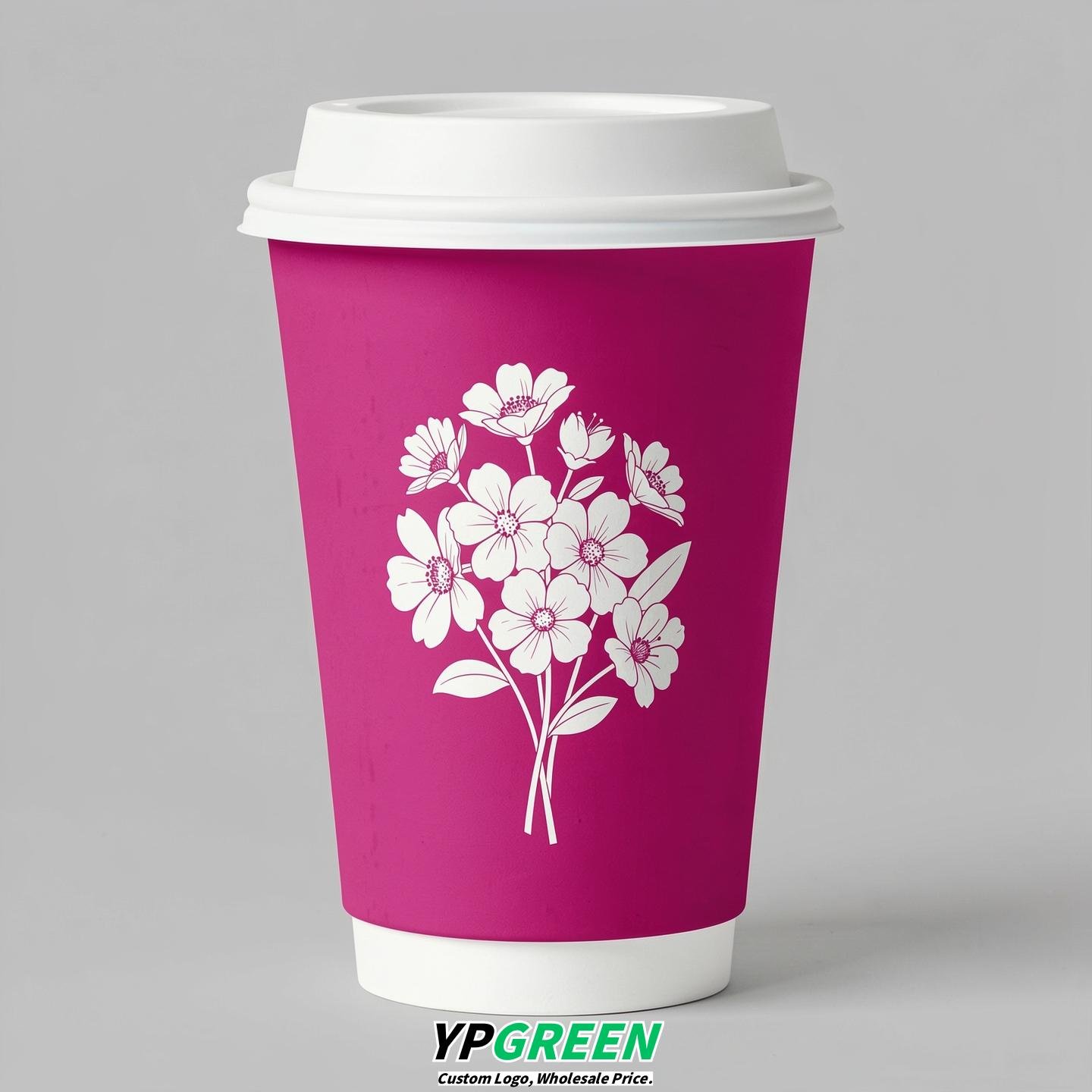 Fuchsia Floral Paper Cups with Lids 8-24oz