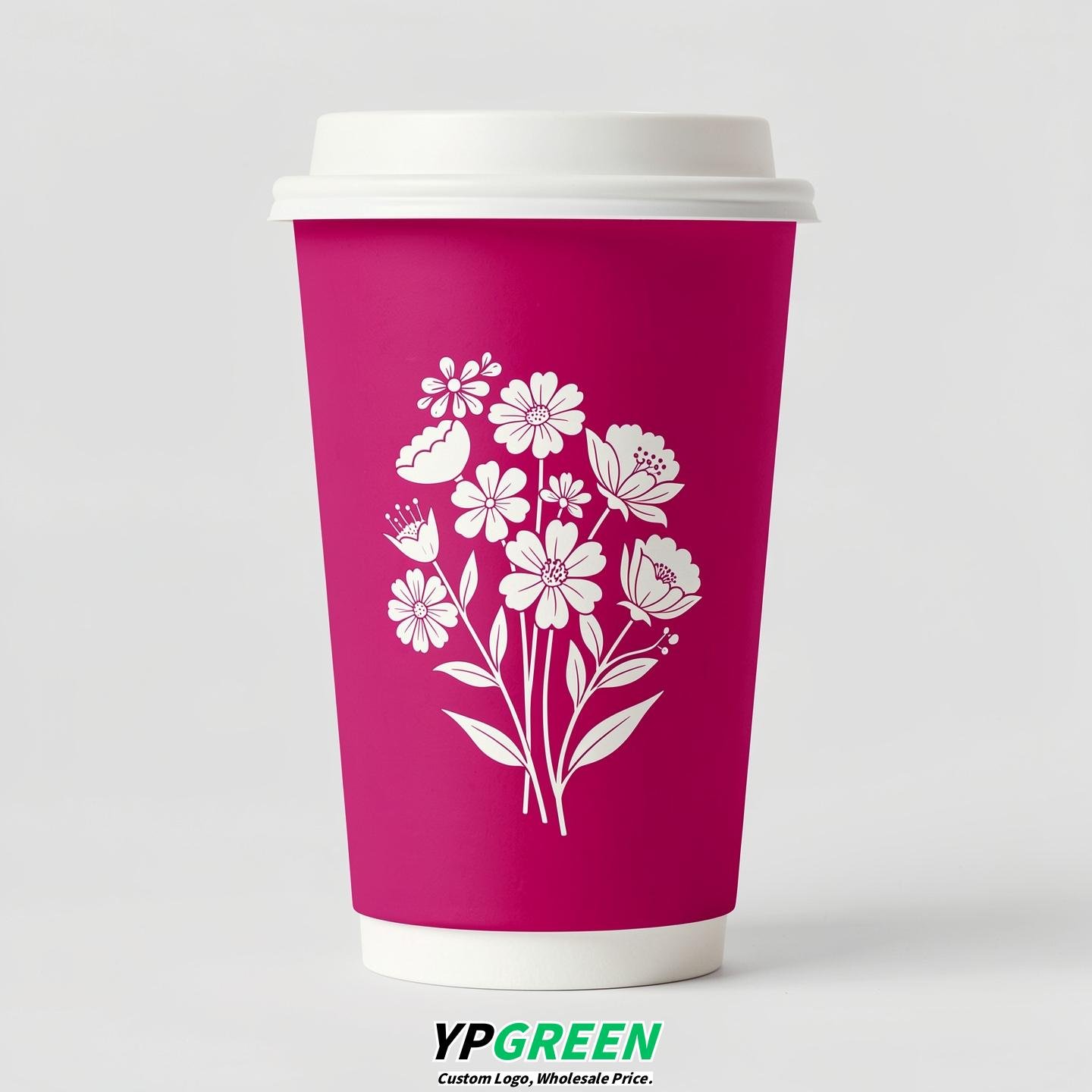 Fuchsia Floral Paper Cups with Lids 8-24oz