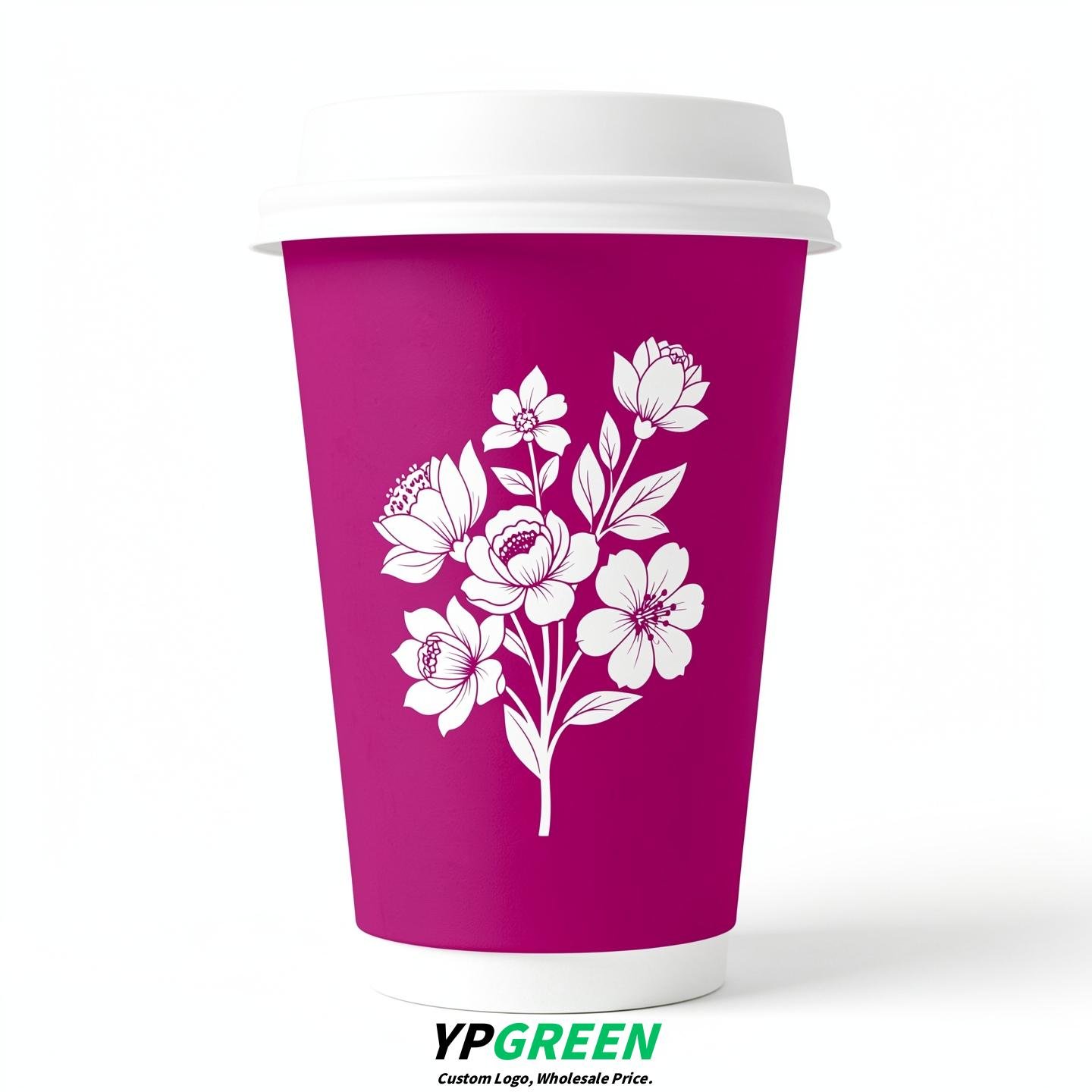 Fuchsia Floral Paper Cups with Lids 8-24oz