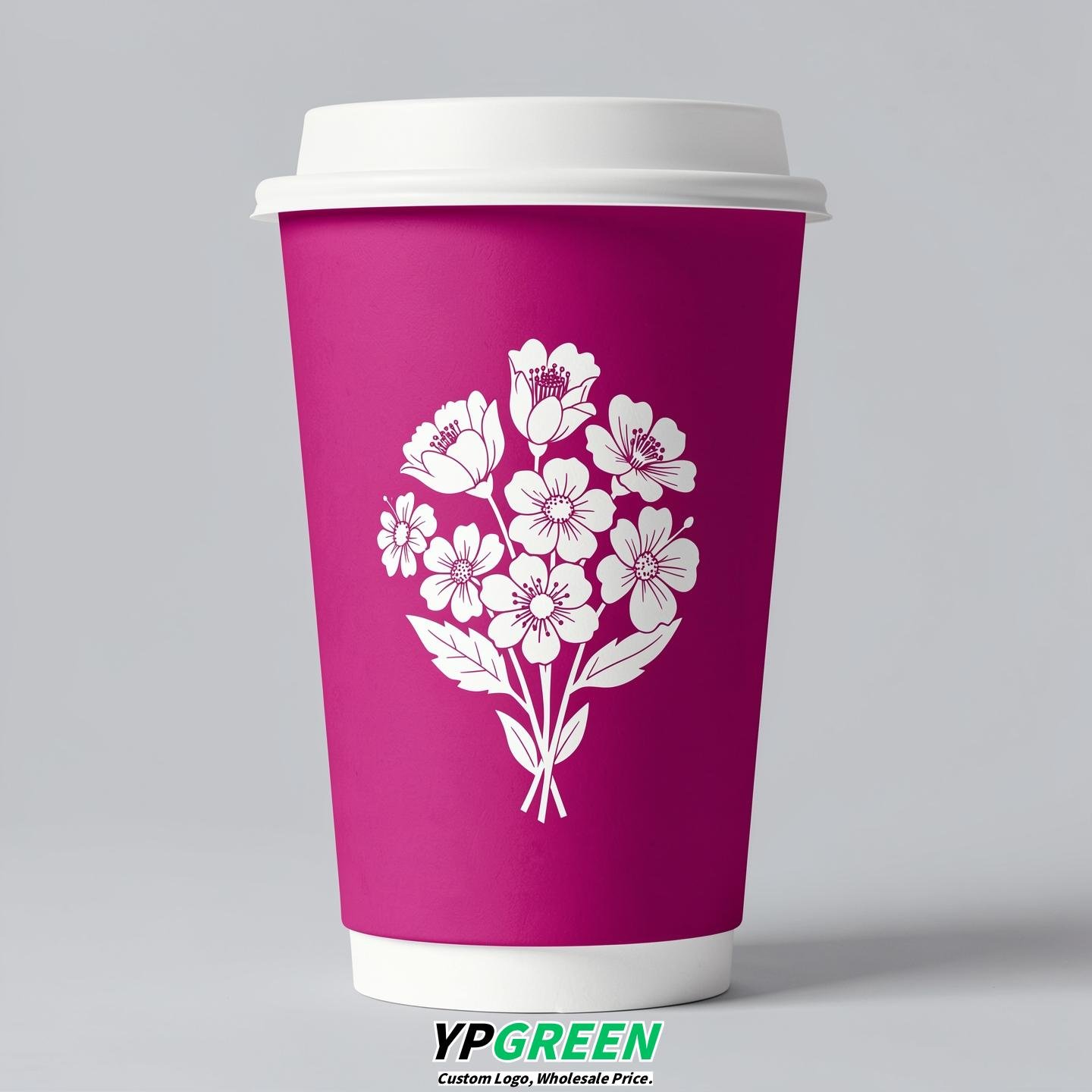 Fuchsia Floral Paper Cups with Lids 8-24oz