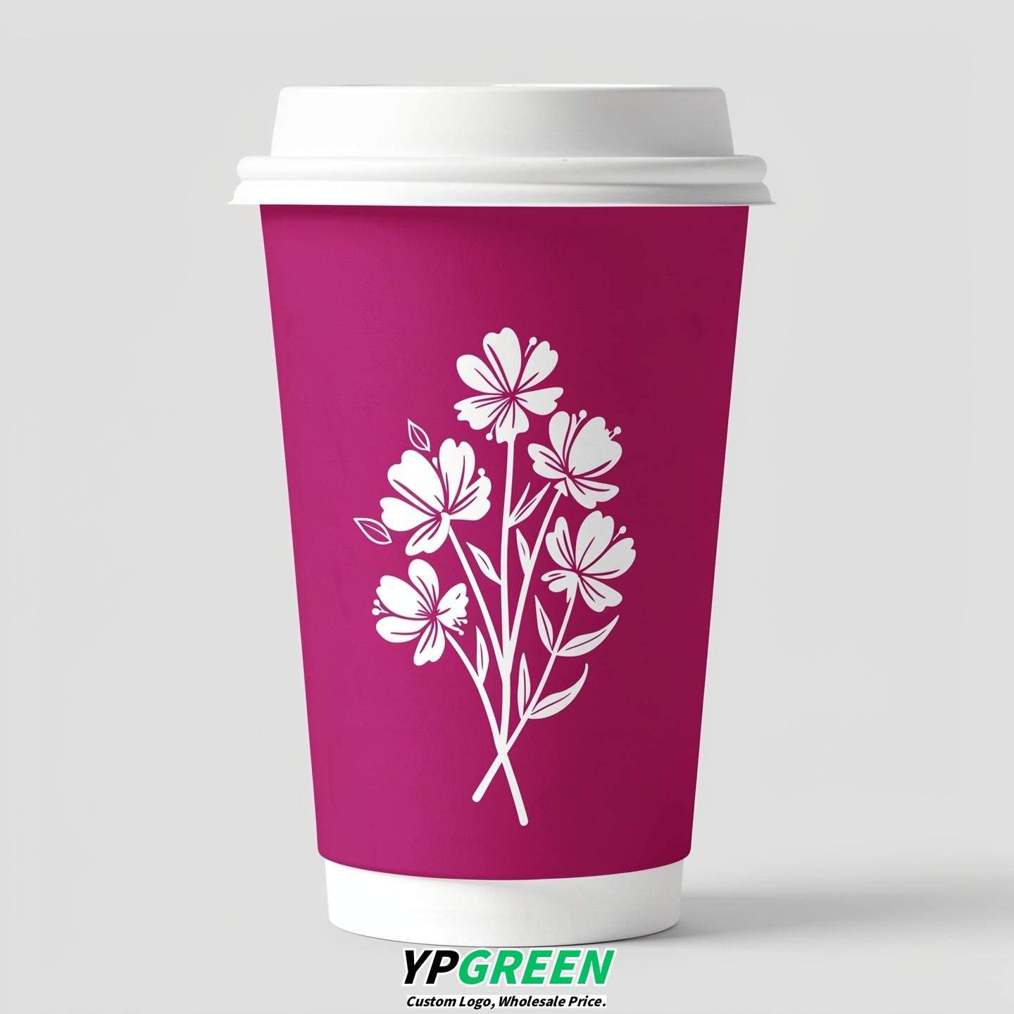 Fuchsia Floral Paper Cups with Lids 8-24oz