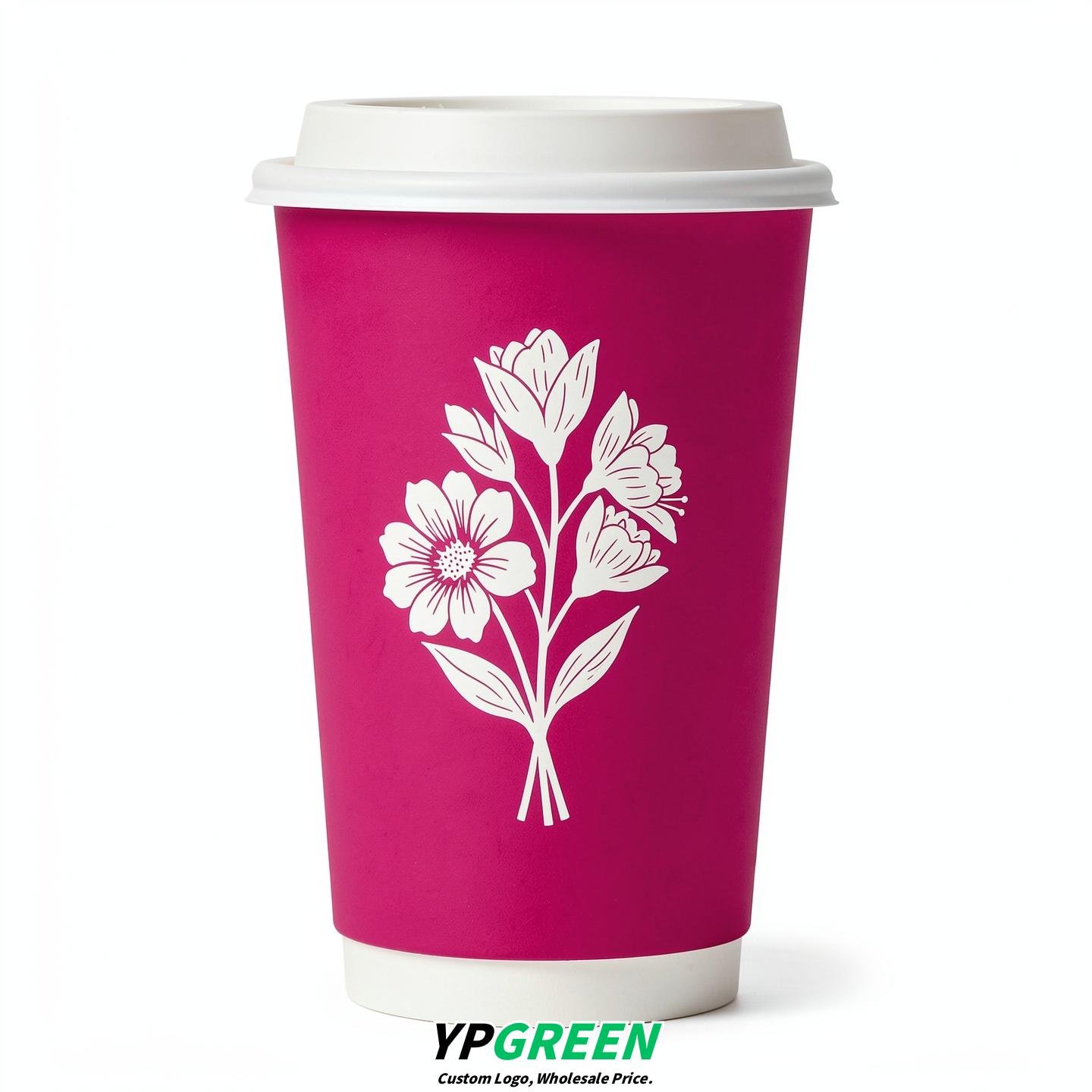 Fuchsia Floral Paper Cups with Lids 8-24oz
