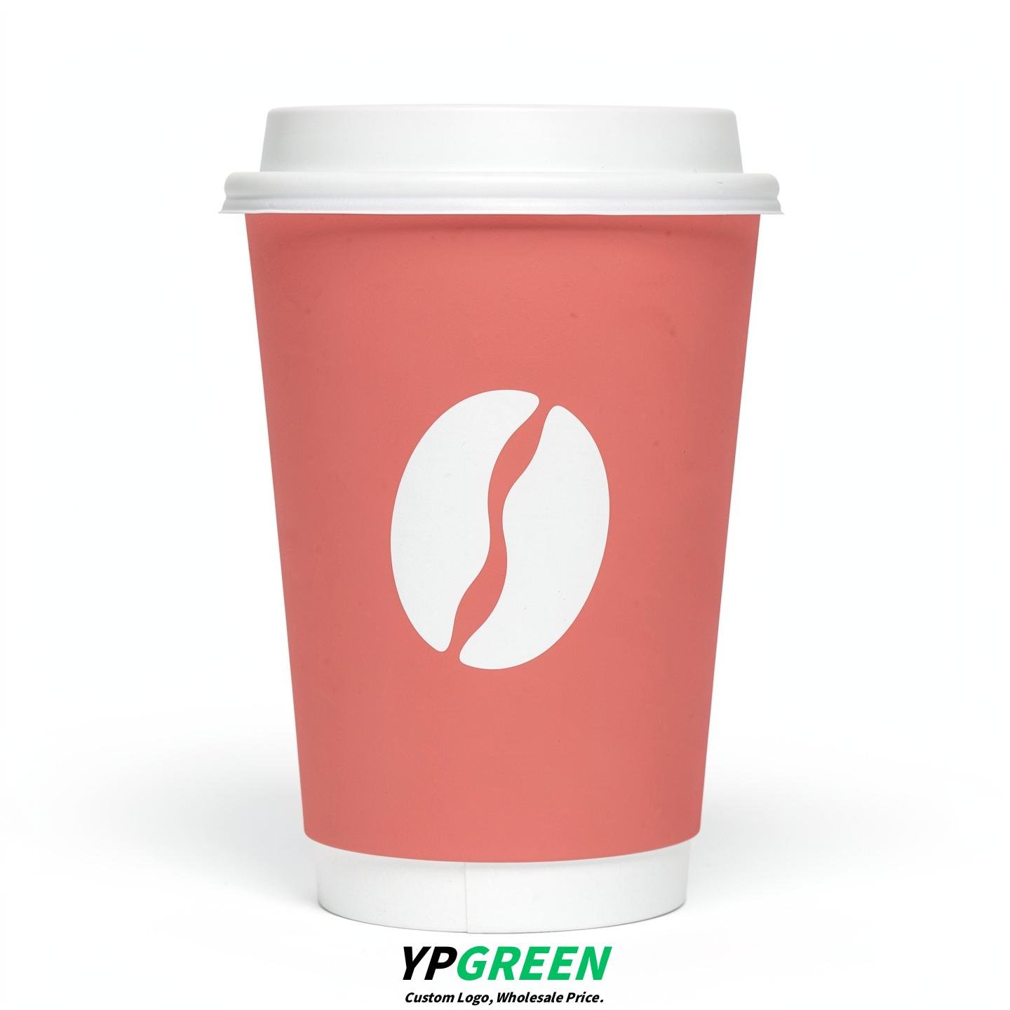 Fuchsia Paper Cups with Coffee Bean Logo & Lids 8-24oz