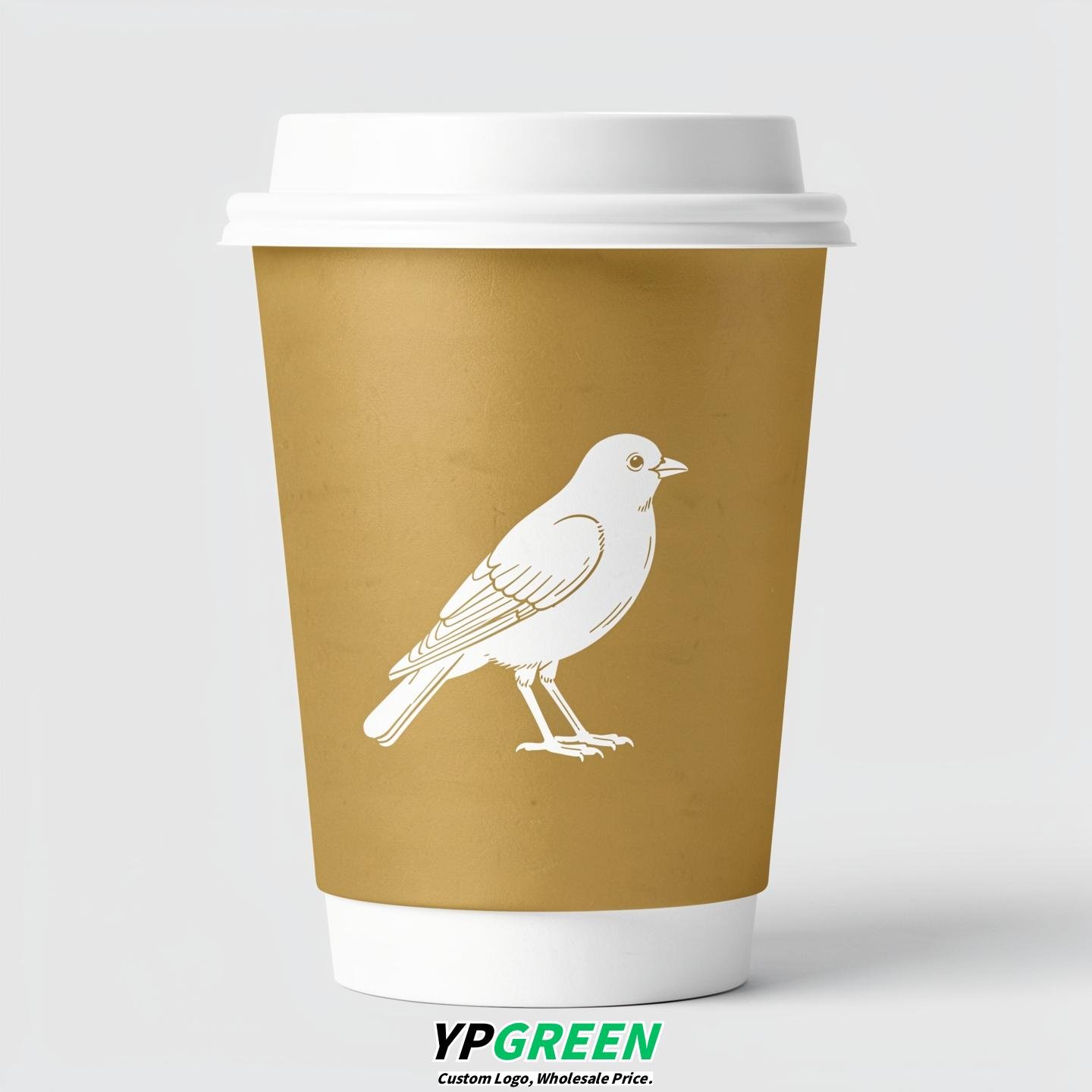 Gold Paper Cups with Bird Logo & Lids 8-24oz