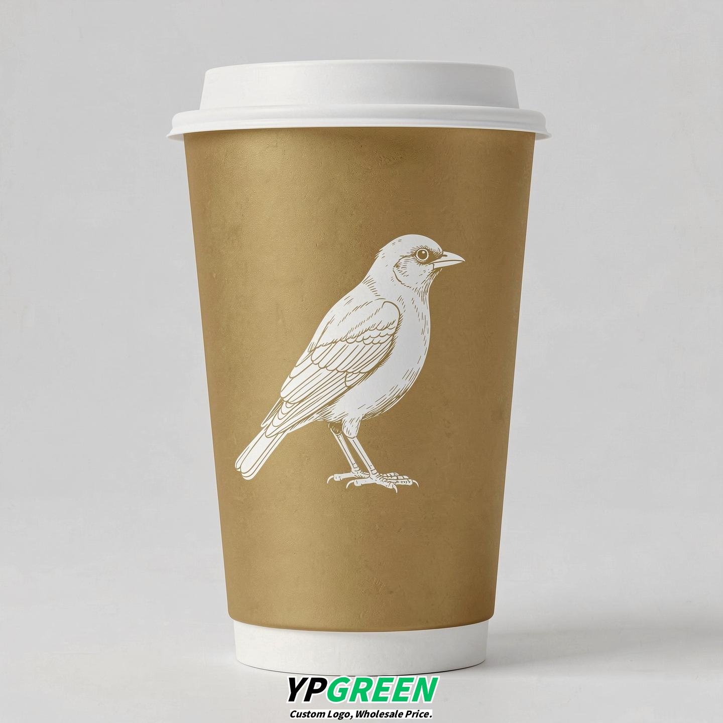 Gold Paper Cups with Bird Logo & Lids 8-24oz