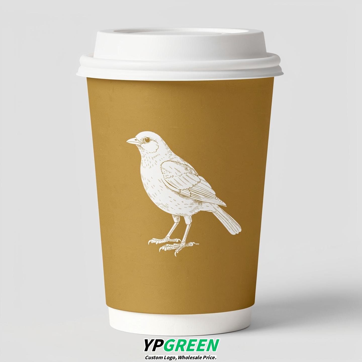 Gold Paper Cups with Bird Logo & Lids 8-24oz