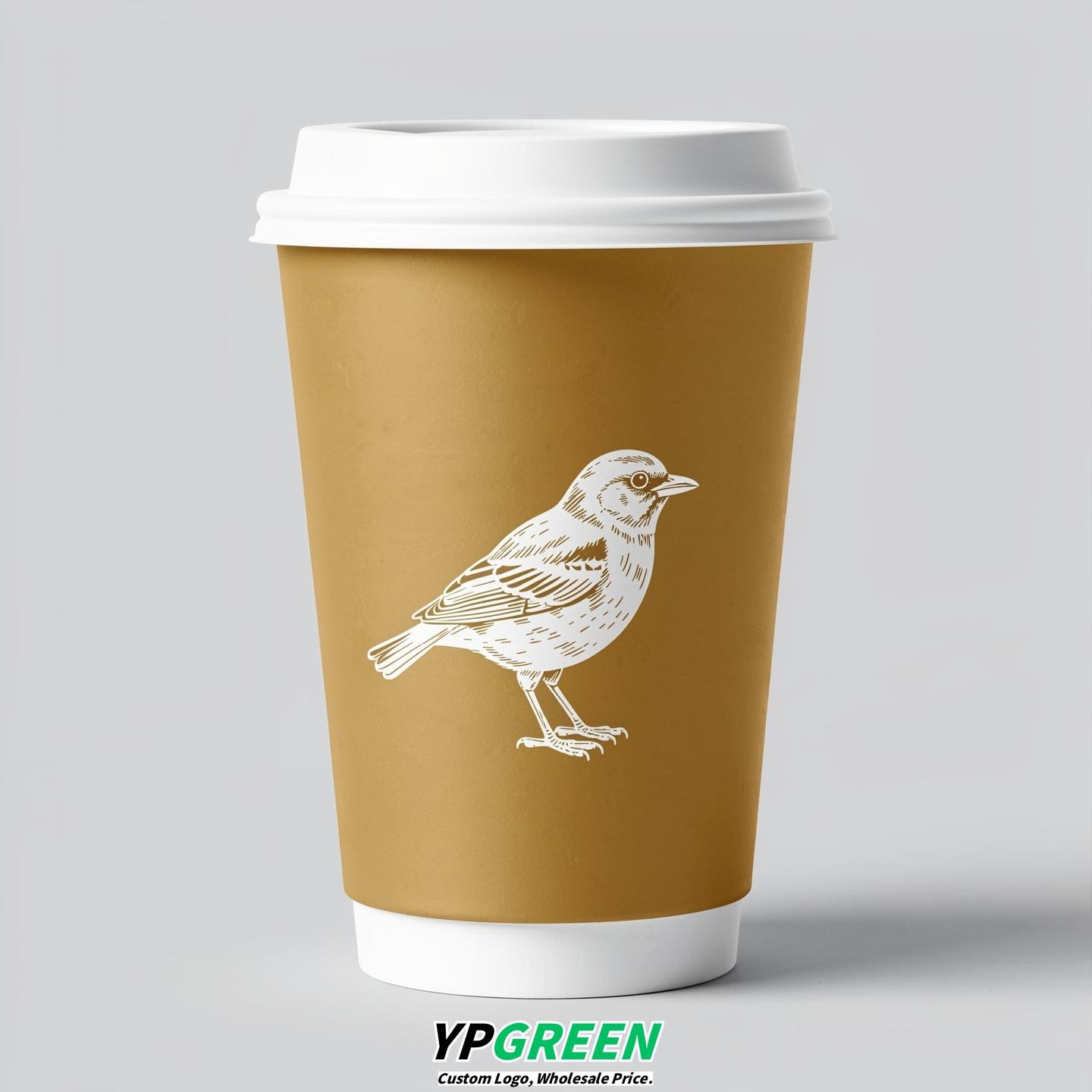 Gold Paper Cups with Bird Logo & Lids 8-24oz