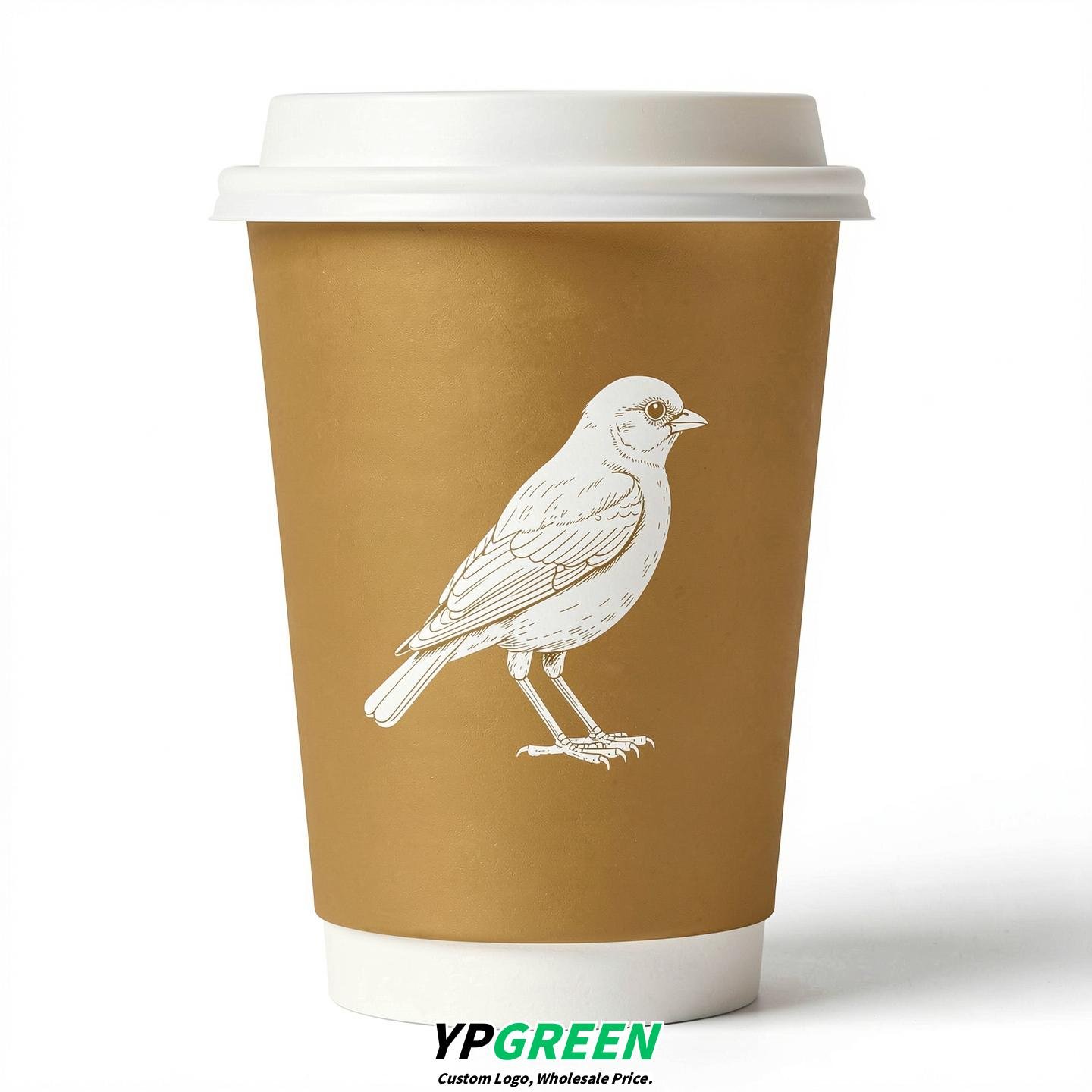 Gold Paper Cups with Bird Logo & Lids 8-24oz