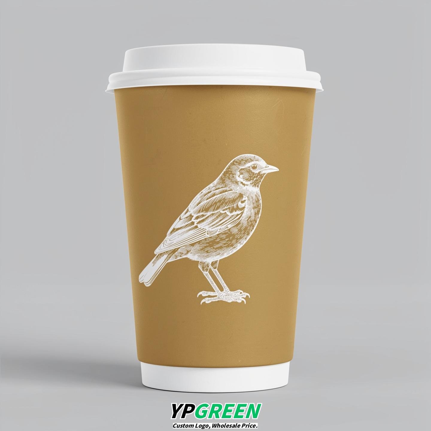Gold Paper Cups with Bird Logo & Lids 8-24oz