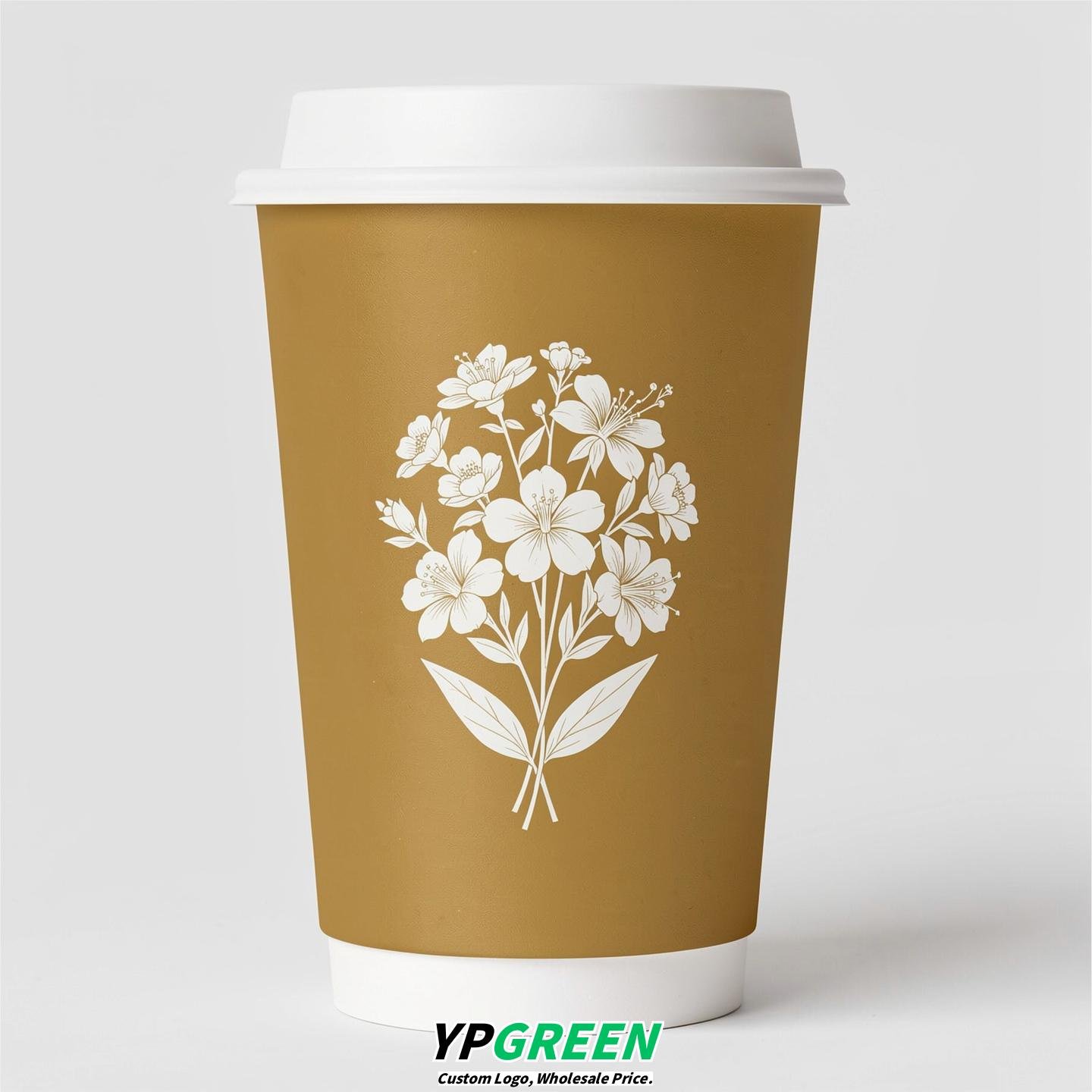 Gold Floral Paper Cups with Lids 8-24oz