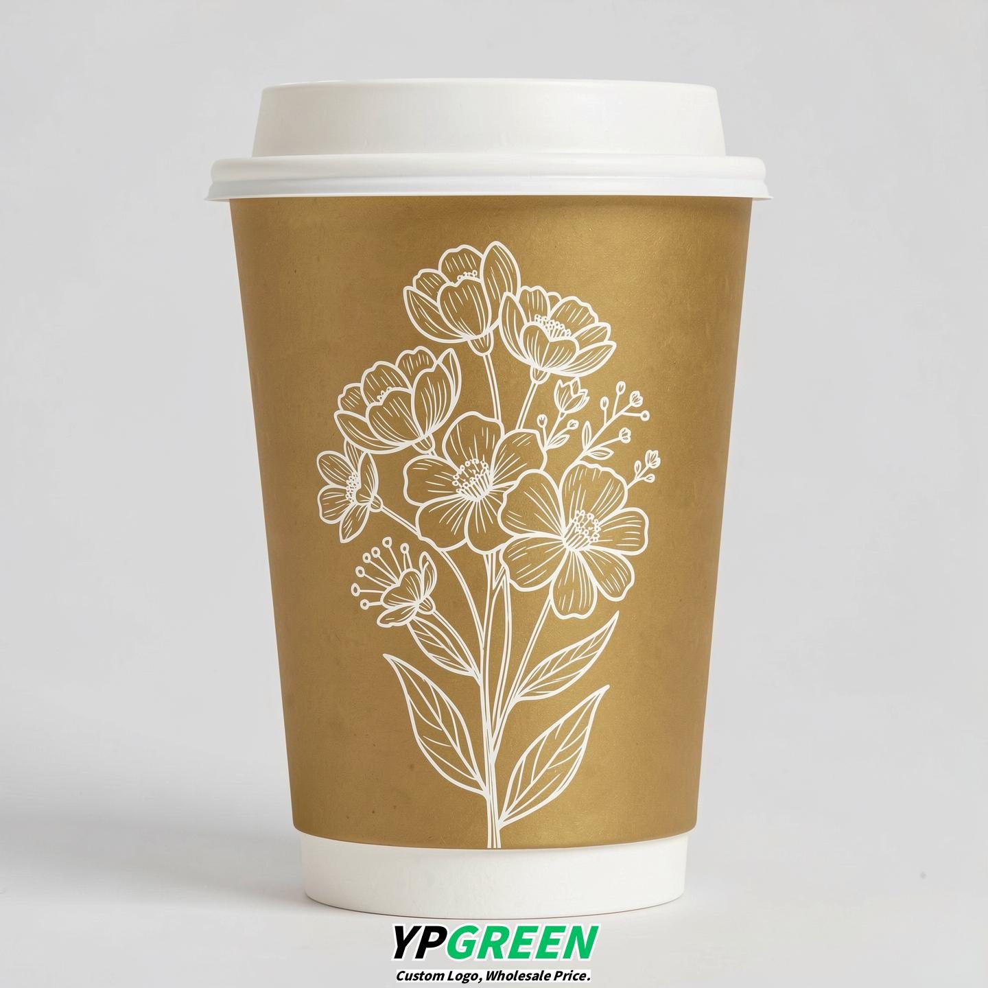 Gold Floral Paper Cups with Lids 8-24oz