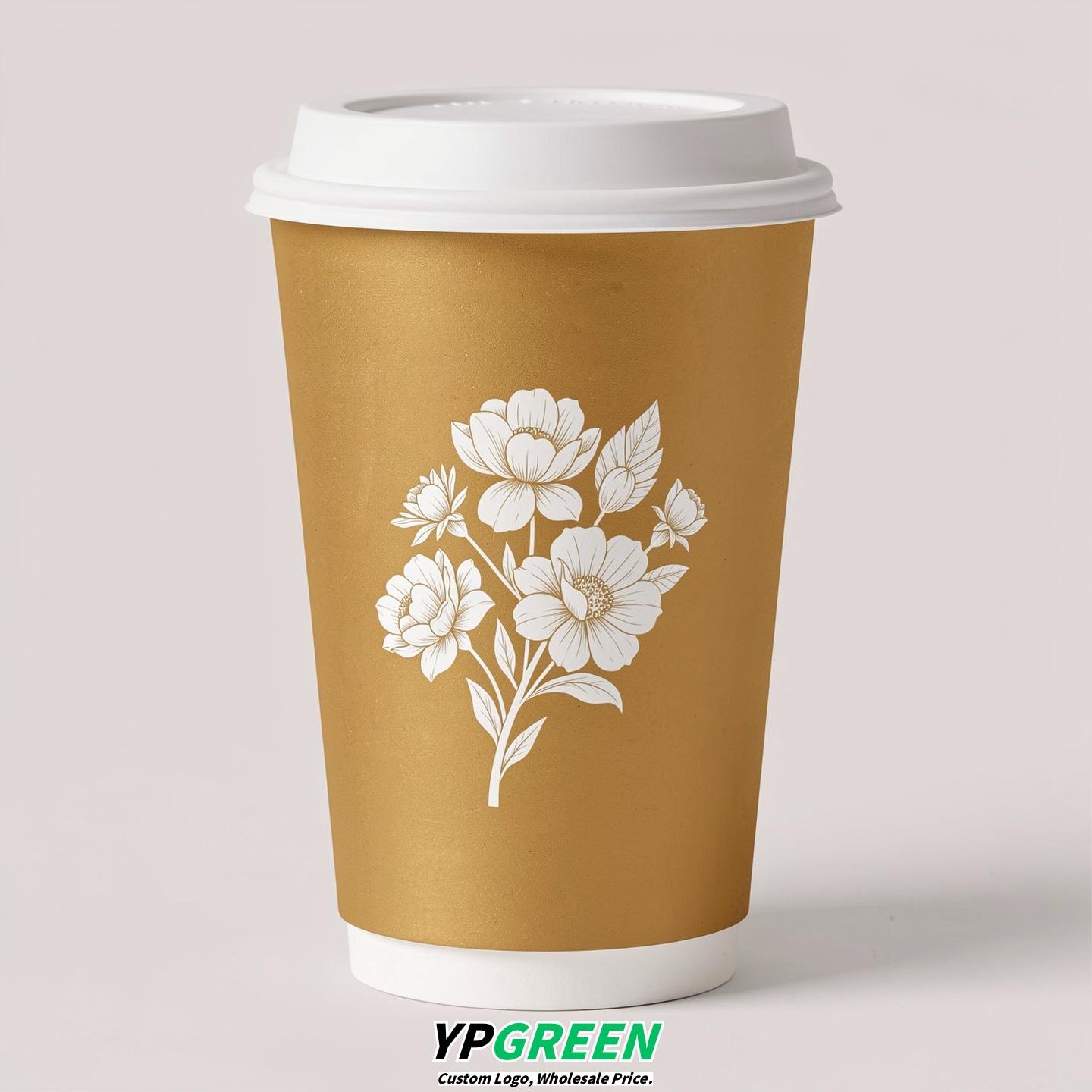 Gold Floral Paper Cups with Lids 8-24oz