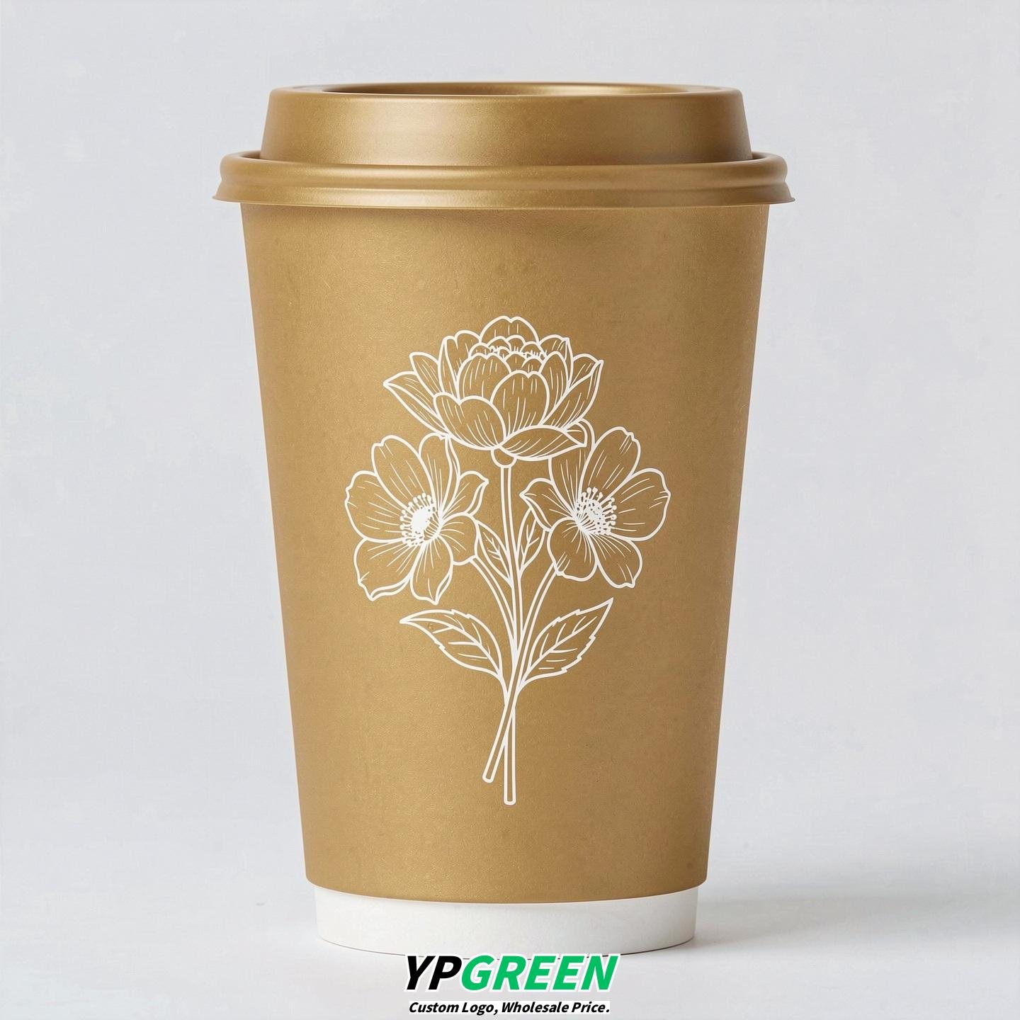 Gold Floral Paper Cups with Lids 8-24oz
