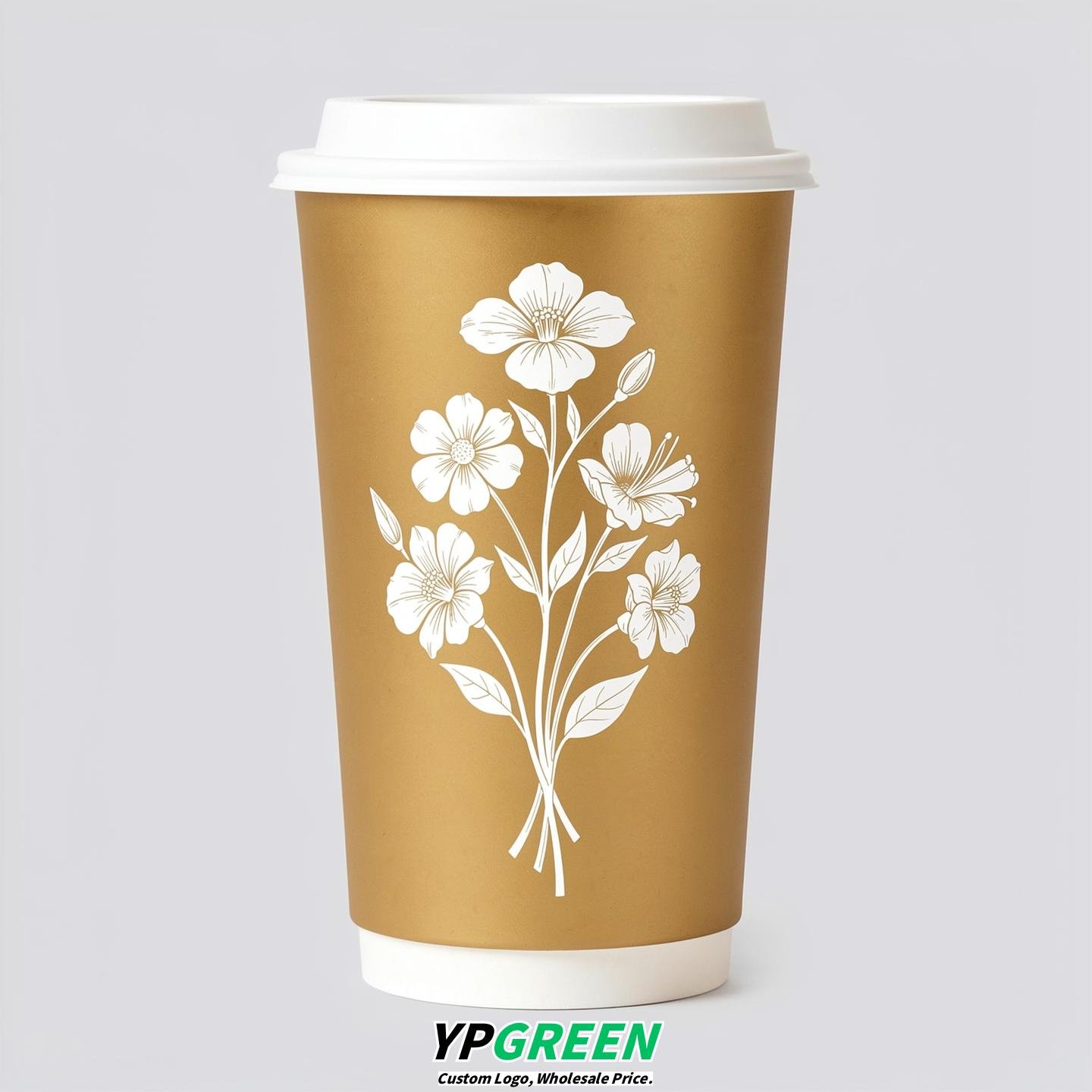 Gold Floral Paper Cups with Lids 8-24oz