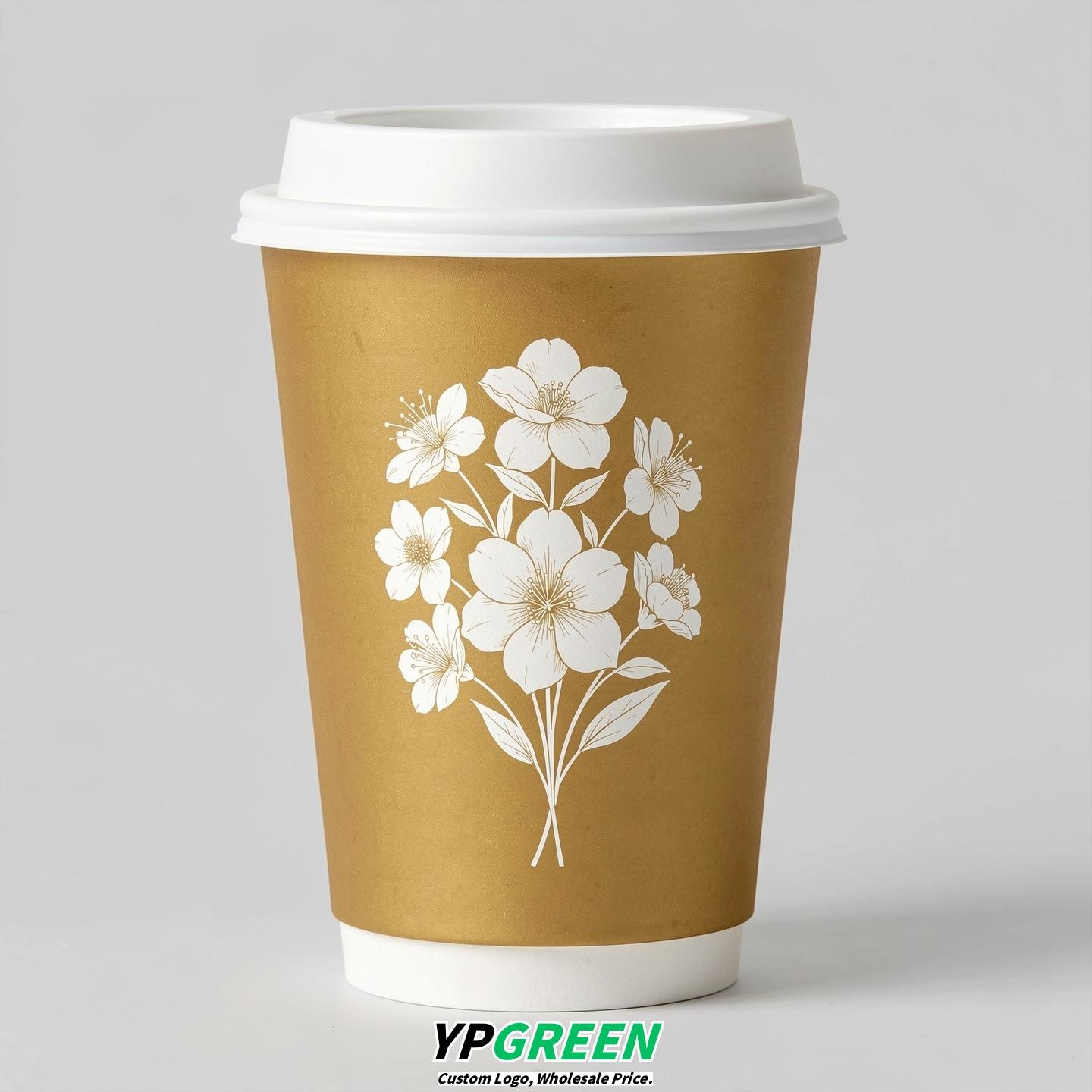 Gold Floral Paper Cups with Lids 8-24oz