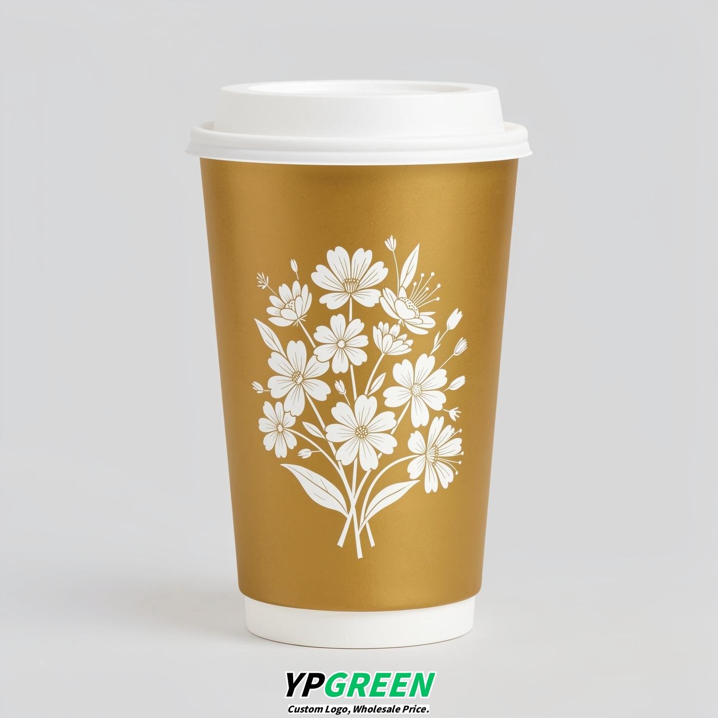 Gold Floral Paper Cups with Lids 8-24oz