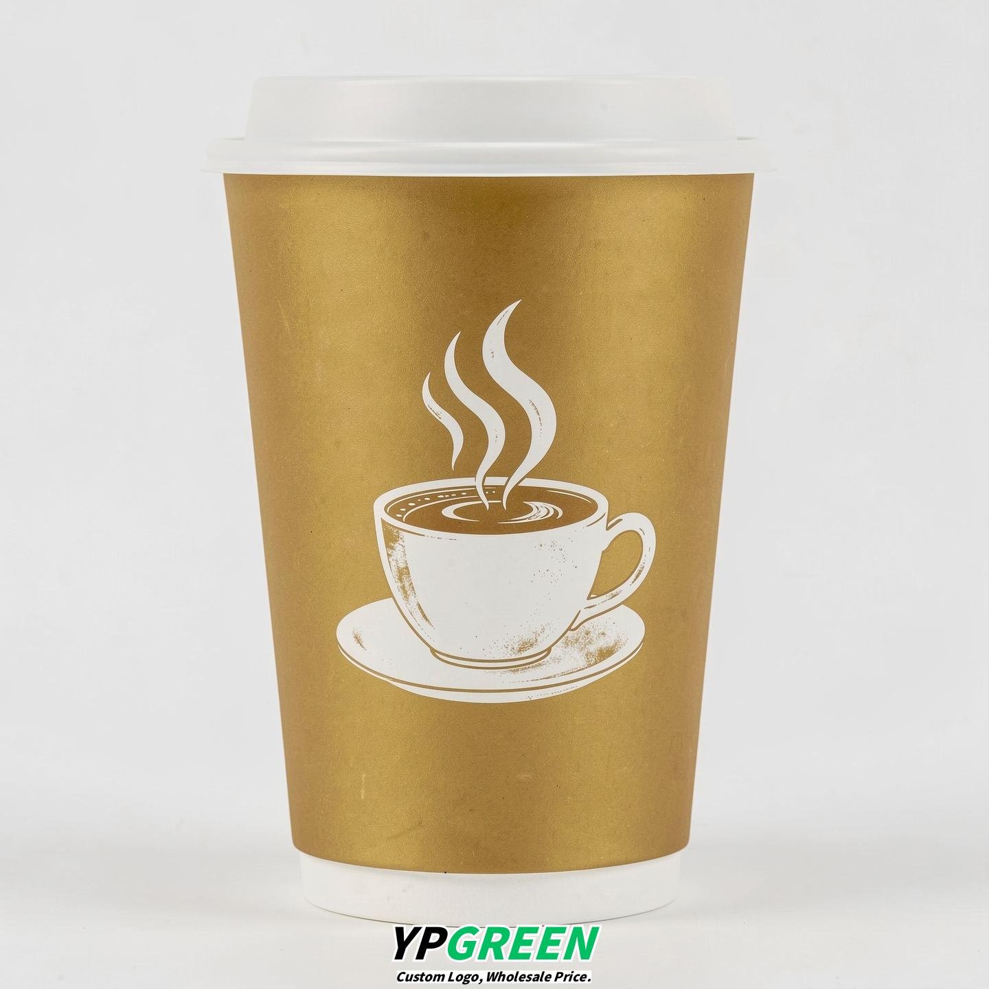 Gold Hot Coffee Icon Paper Cups - Disposable Steaming Coffee Design